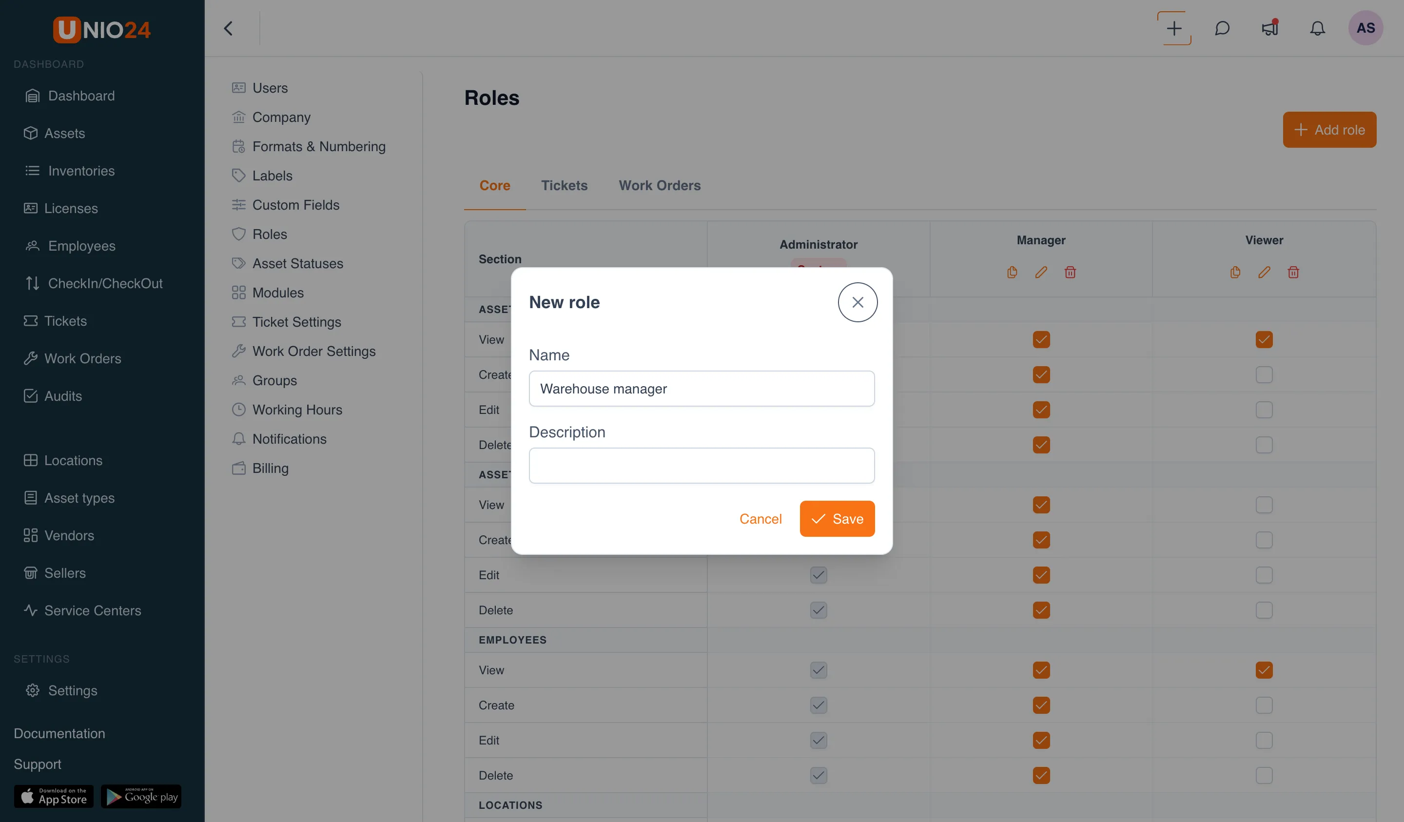 The "New role" dialog with the "Name" field (Warehouse keeper) and "Description" field filled in and the "Save" button.