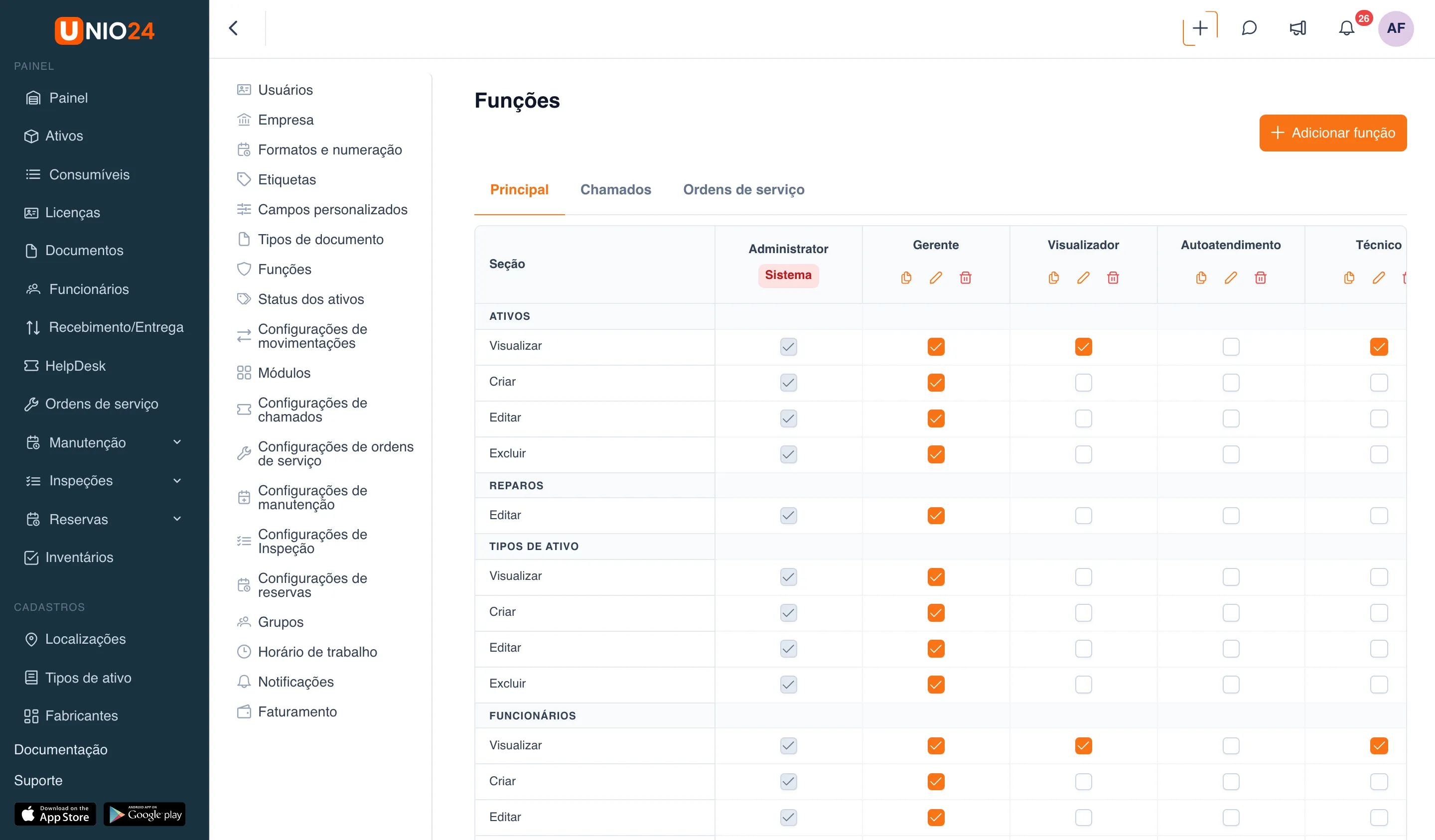 Página «Funções»: matriz com a coluna «Seção» à esquerda, as funções Administrator (com o selo «Sistema»), Gerente, Visualizador, Autoatendimento e Técnico na horizontal, caixas de permissão nos cruzamentos e as abas «Principal», «Chamados» e «Ordens de serviço» no alto