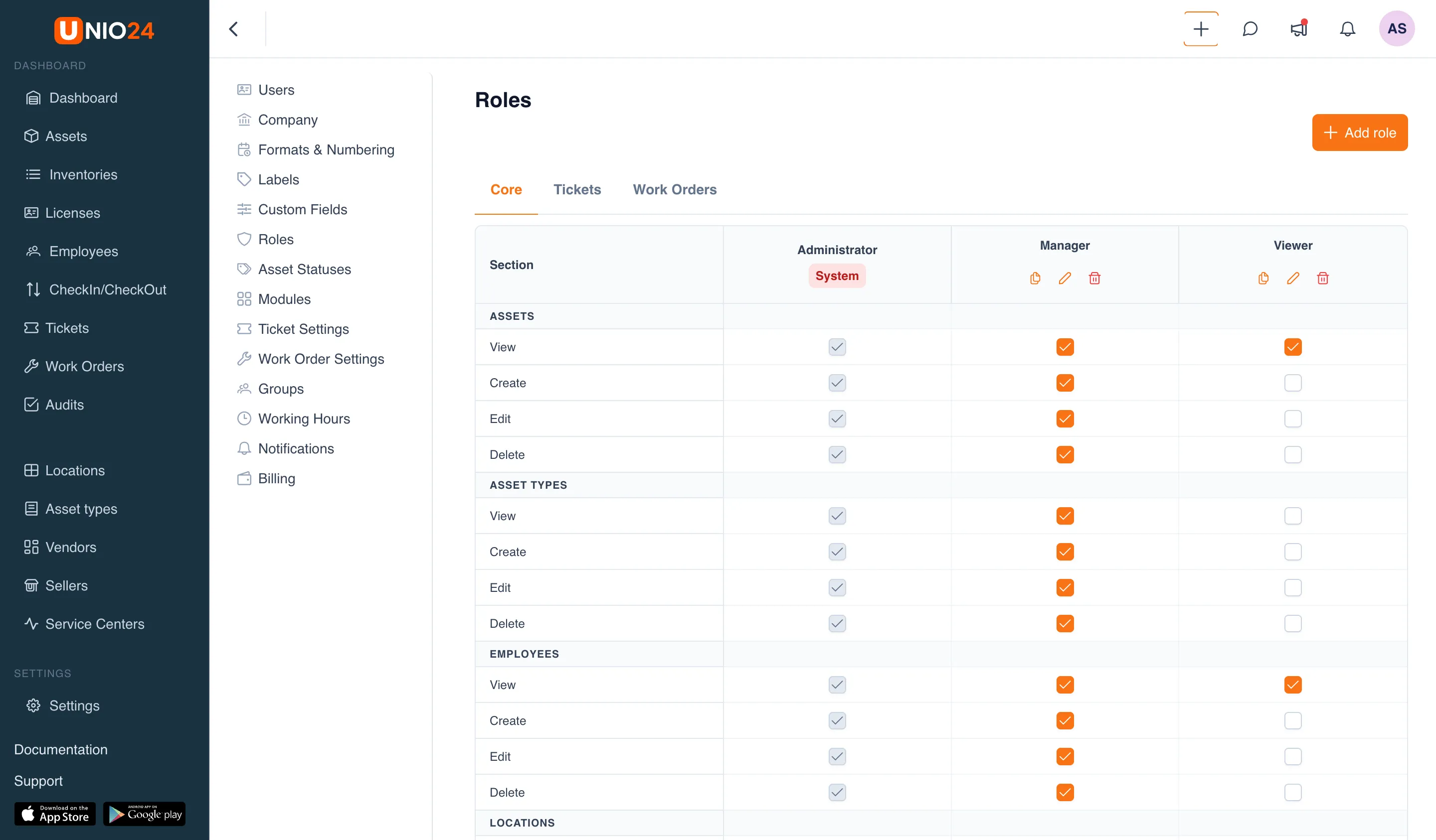 The "Roles" page: a table-matrix with the "Section" column on the left, roles (Administrator with the "System" badge, Manager, Observer) running horizontally, permission checkboxes at the intersections, and the "Core", "Tickets", "Work Orders" tabs at the top.