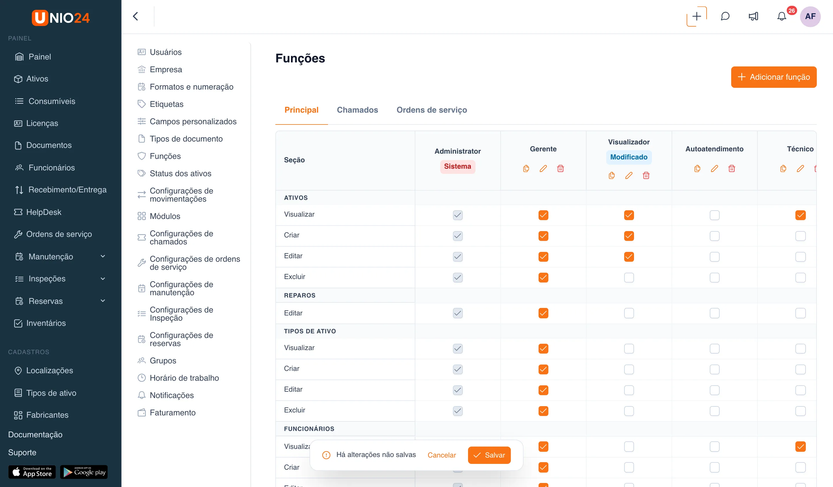 Matriz de permissões depois de alterar algumas caixas: no cabeçalho da função «Visualizador», o selo «Modificado»; na parte de baixo da tela, o painel flutuante «Há alterações não salvas» com os botões «Cancelar» e «Salvar»