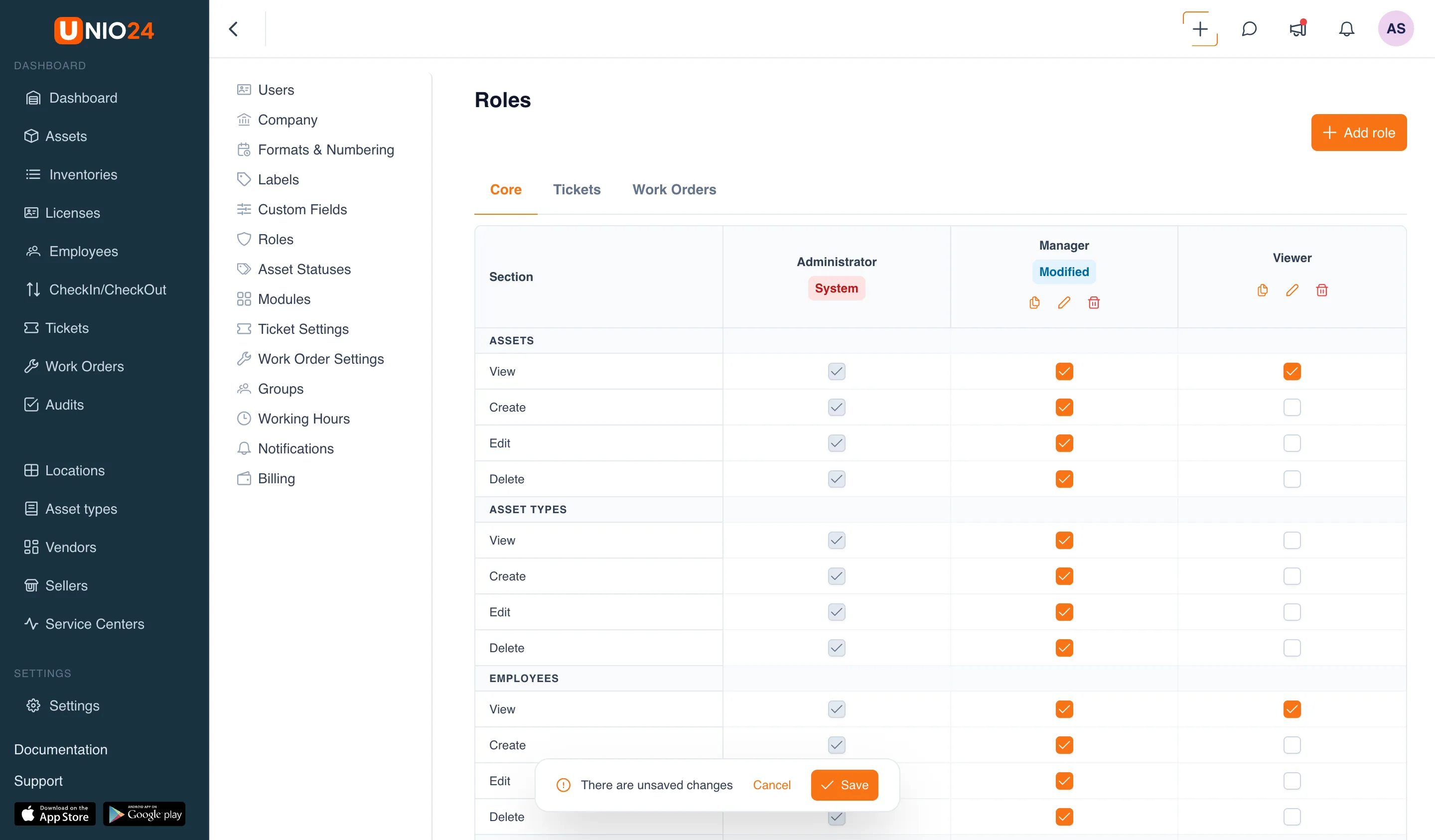 The permission matrix after changing several checkboxes: the "Warehouse keeper" role has a "Modified" indicator in its header, and a floating "There are unsaved changes" panel with "Cancel" and "Save" buttons at the bottom of the screen.