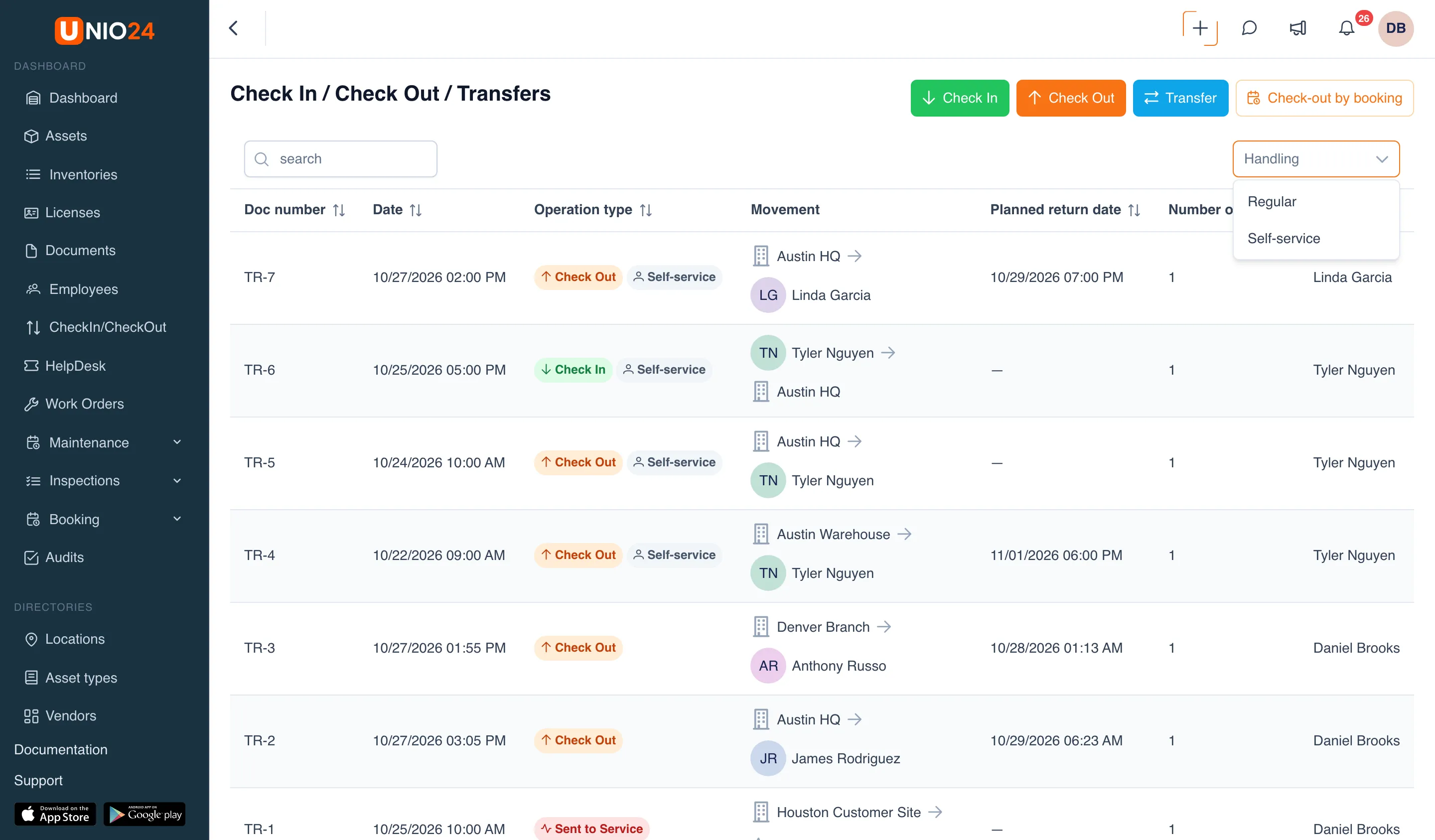 The Check In / Check Out / Transfers page for an administrator: Check Out and Check In documents with the gray Self-service tag, and the Handling filter open with the Regular and Self-service options