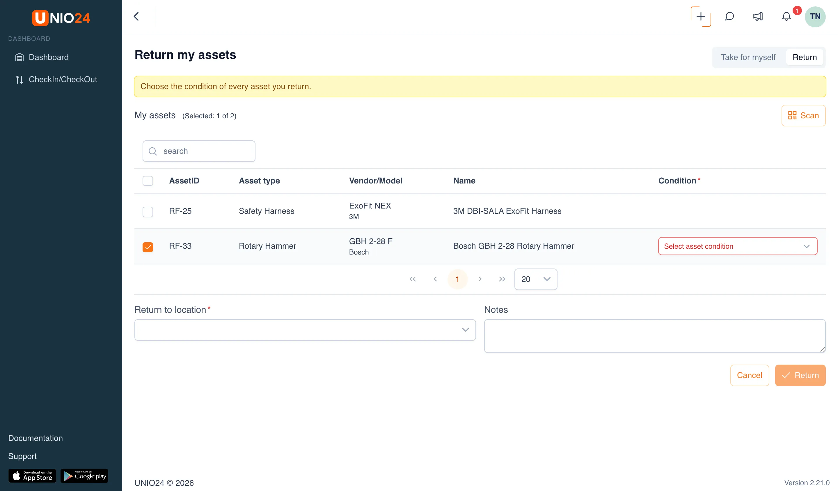 The Return my assets page: the yellow hint “Choose the condition of every asset you return.”, the selected rotary hammer with the Select asset condition field in the Condition column (marked with an asterisk), the Return to location and Notes fields, and the Cancel and Return buttons