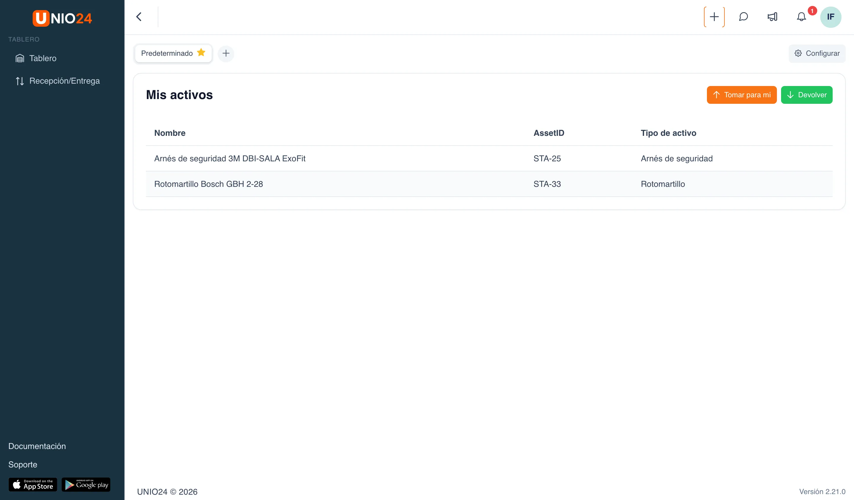 Tablero de un empleado con el rol «Autoservicio»: en el menú solo «Tablero» y «Recepción/Entrega», el widget «Mis activos» con el arnés de seguridad y el rotomartillo y los botones «Tomar para mí» y «Devolver»