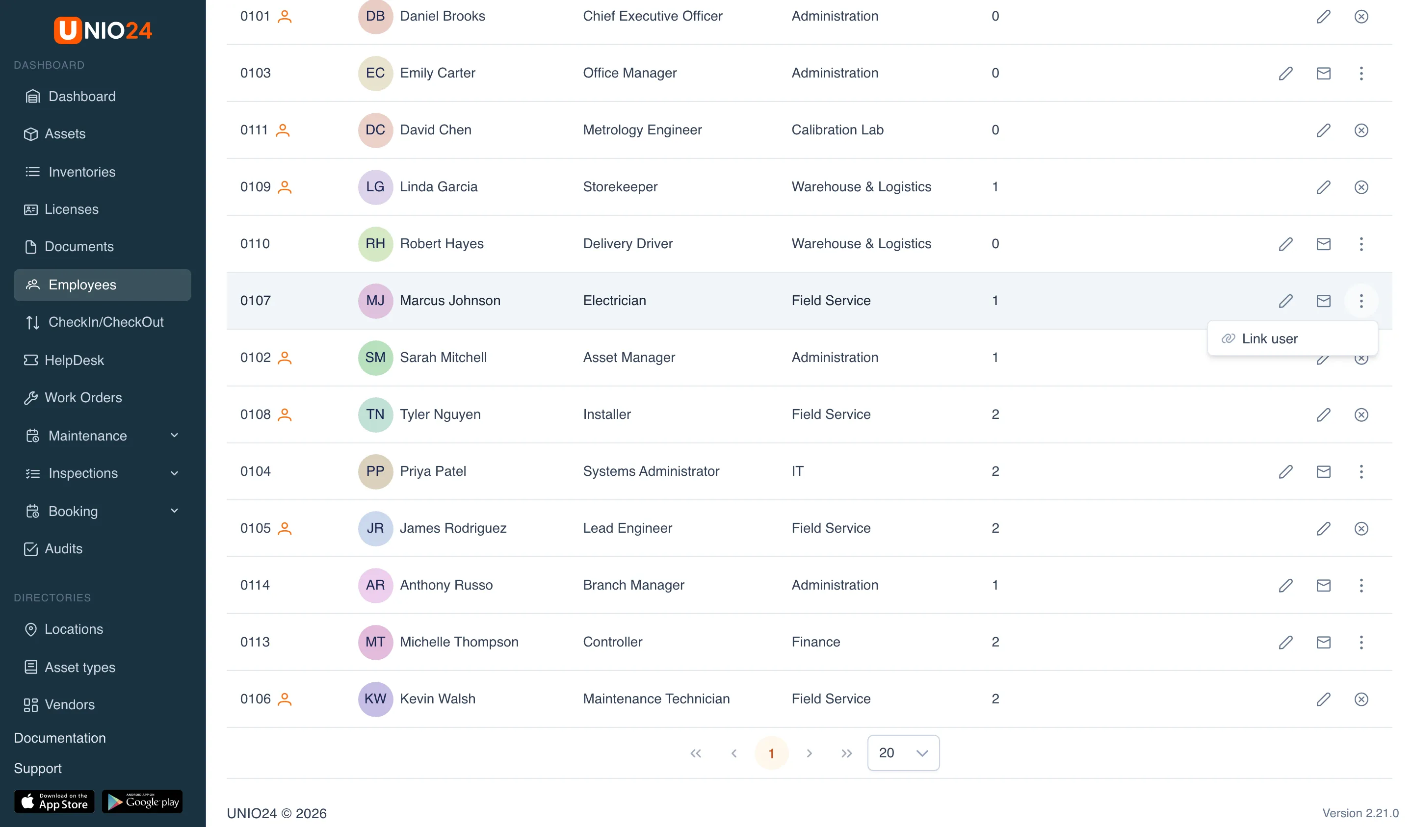 The employee list with a row menu open showing Link user; employees with a linked user account have a user icon next to their number