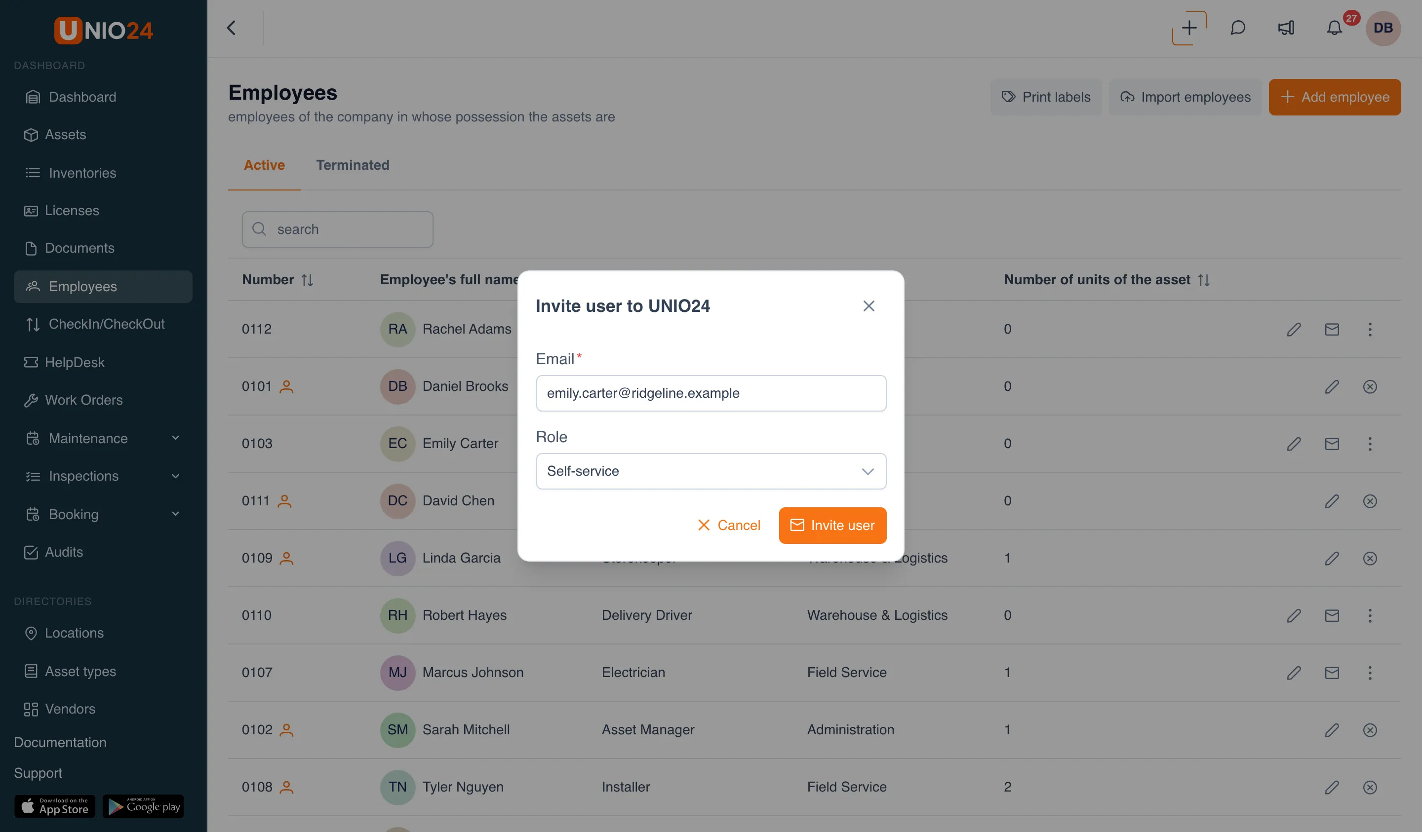 The Invite user to UNIO24 dialog over the employee list: the Email field with the employee’s address, the Role field set to Self-service, and the Cancel and Invite user buttons