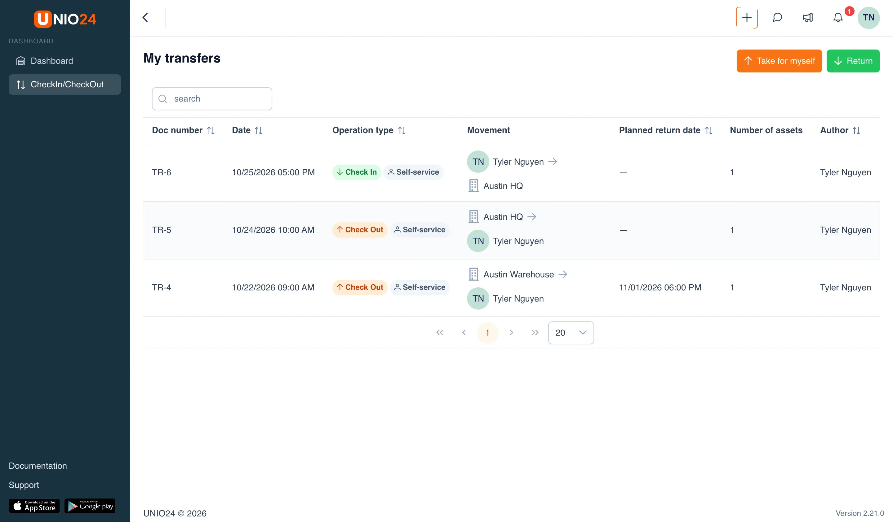 An employee’s My transfers page: the Take for myself and Return buttons, a table of documents with the Check Out and Check In tags and the Self-service tag, and the Doc number, Date, Operation type, Movement, Planned return date, Number of assets, and Author columns