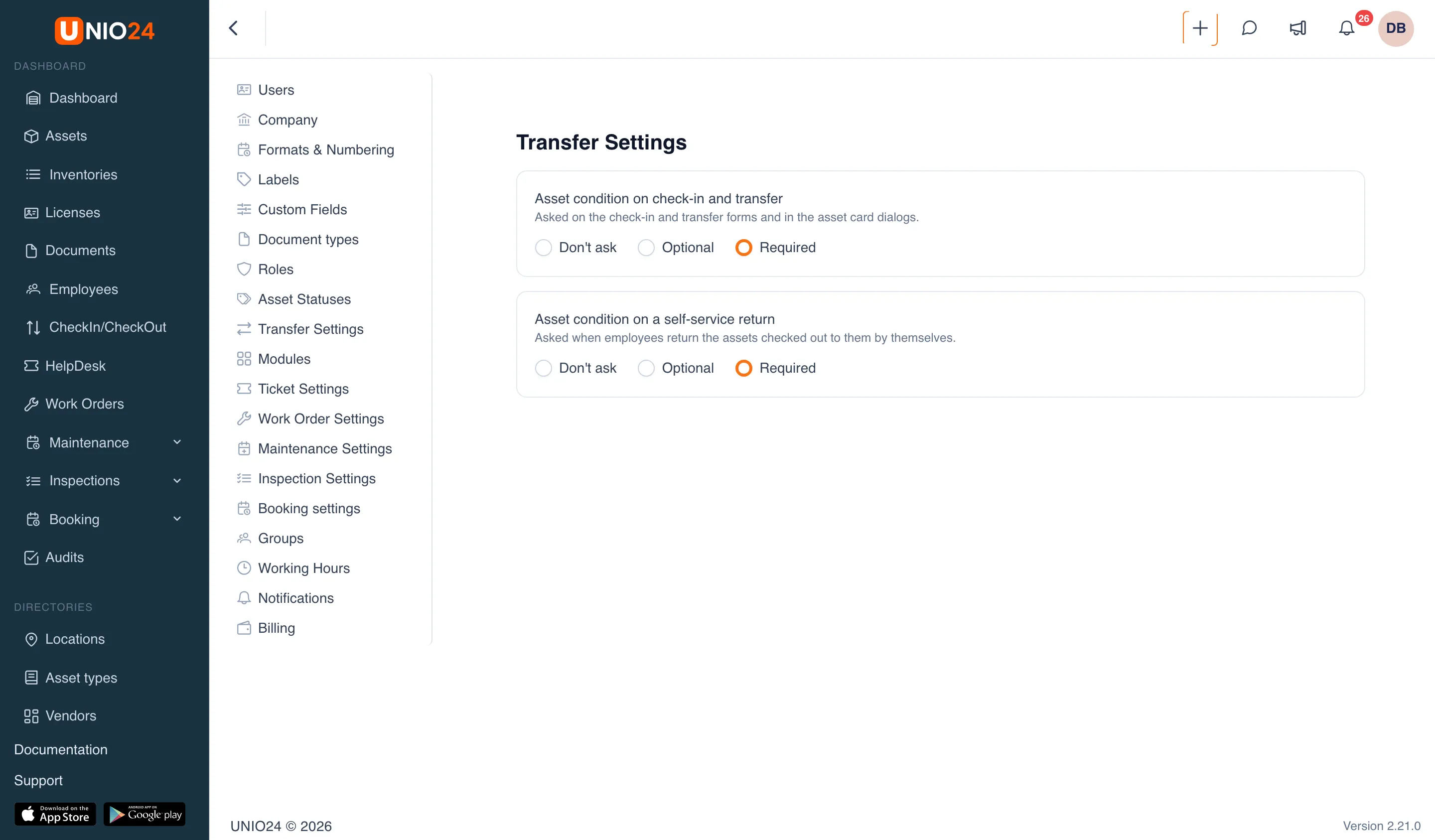 The Transfer Settings page: the Asset condition on check-in and transfer and Asset condition on a self-service return blocks, each with the Don’t ask, Optional, and Required options