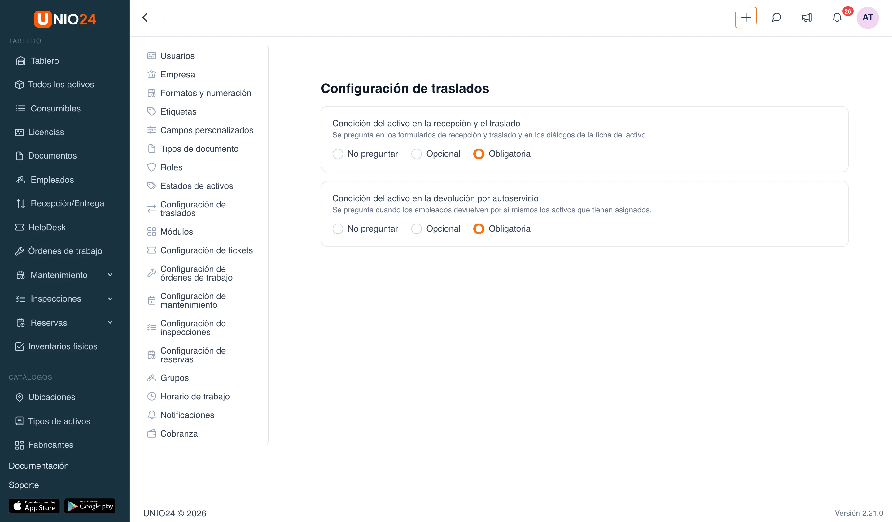 Página «Configuración de traslados»: bloques «Condición del activo en la recepción y el traslado» y «Condición del activo en la devolución por autoservicio», cada uno con las opciones «No preguntar», «Opcional» y «Obligatoria»