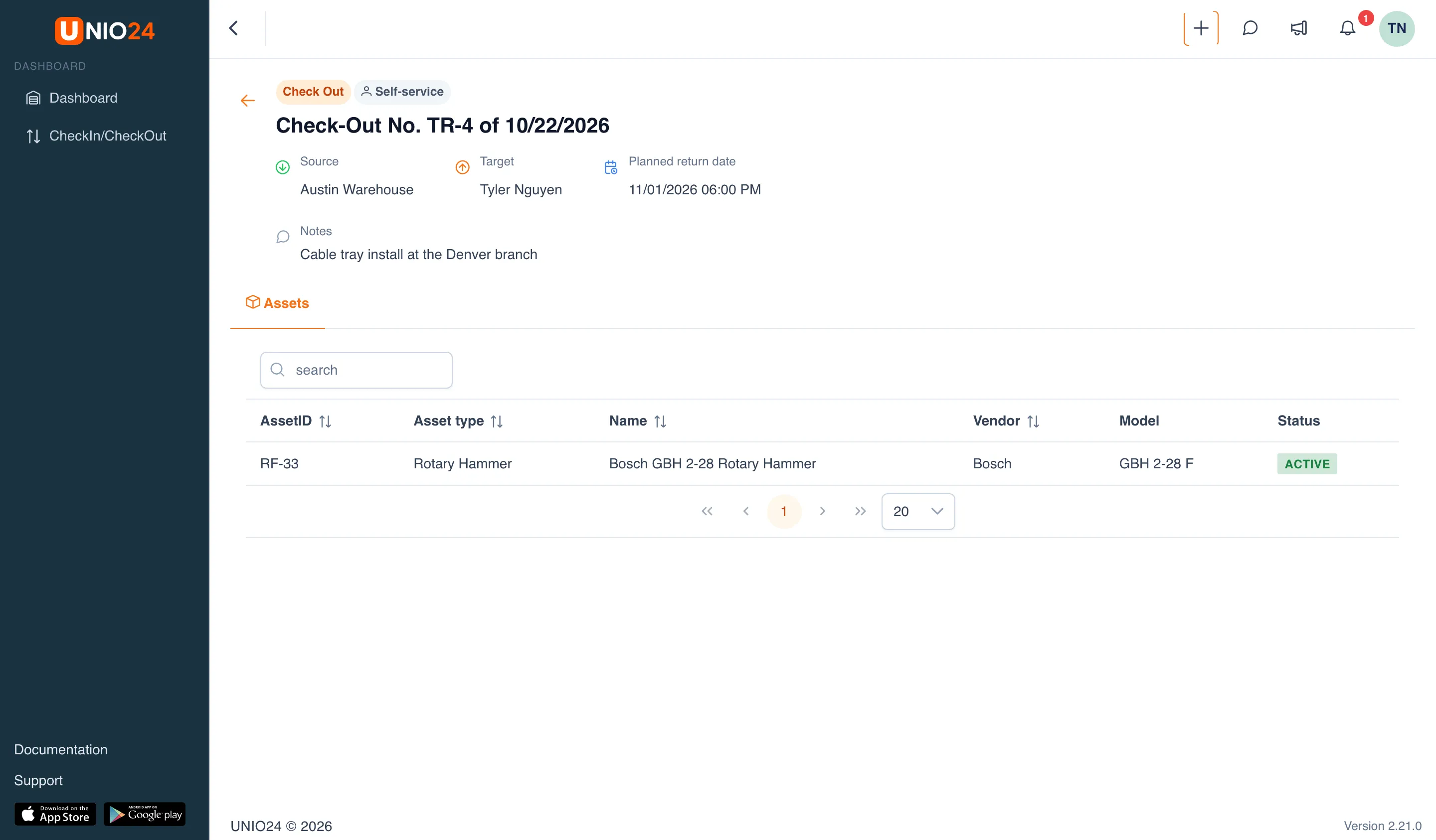 The document card Check-Out No. TR-4 of 10/22/2026: the Check Out and Self-service tags, source Austin Warehouse, target Tyler Nguyen, the planned return date, notes, and the table of the document’s assets
