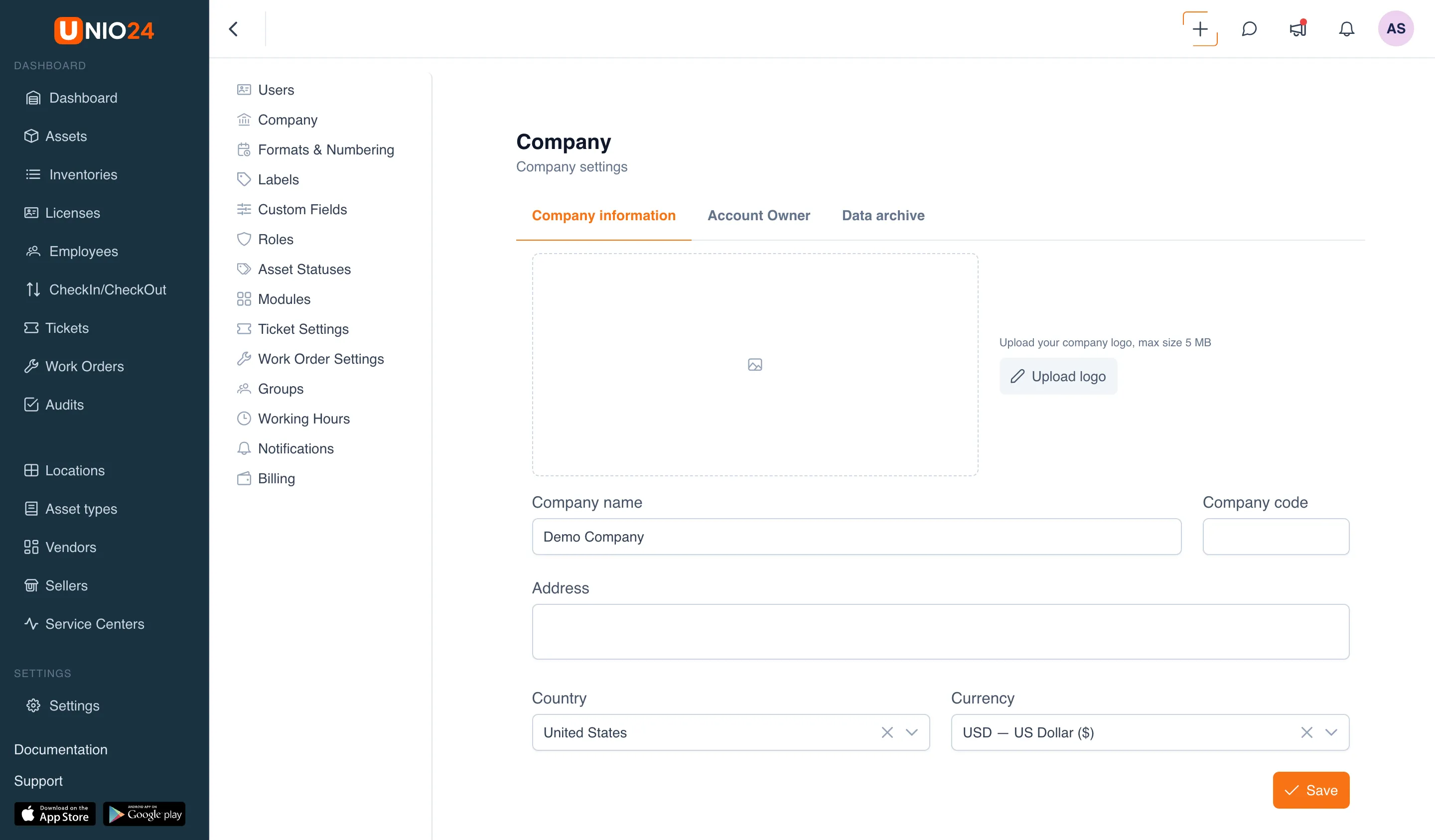 The "Company settings" page: the "Company information", "Account Owner", and "Data archive" tabs, with the open "Company information" tab showing a form with the "Company name", "Company code", "Address", "Country", "Currency" fields and a "Save" button.