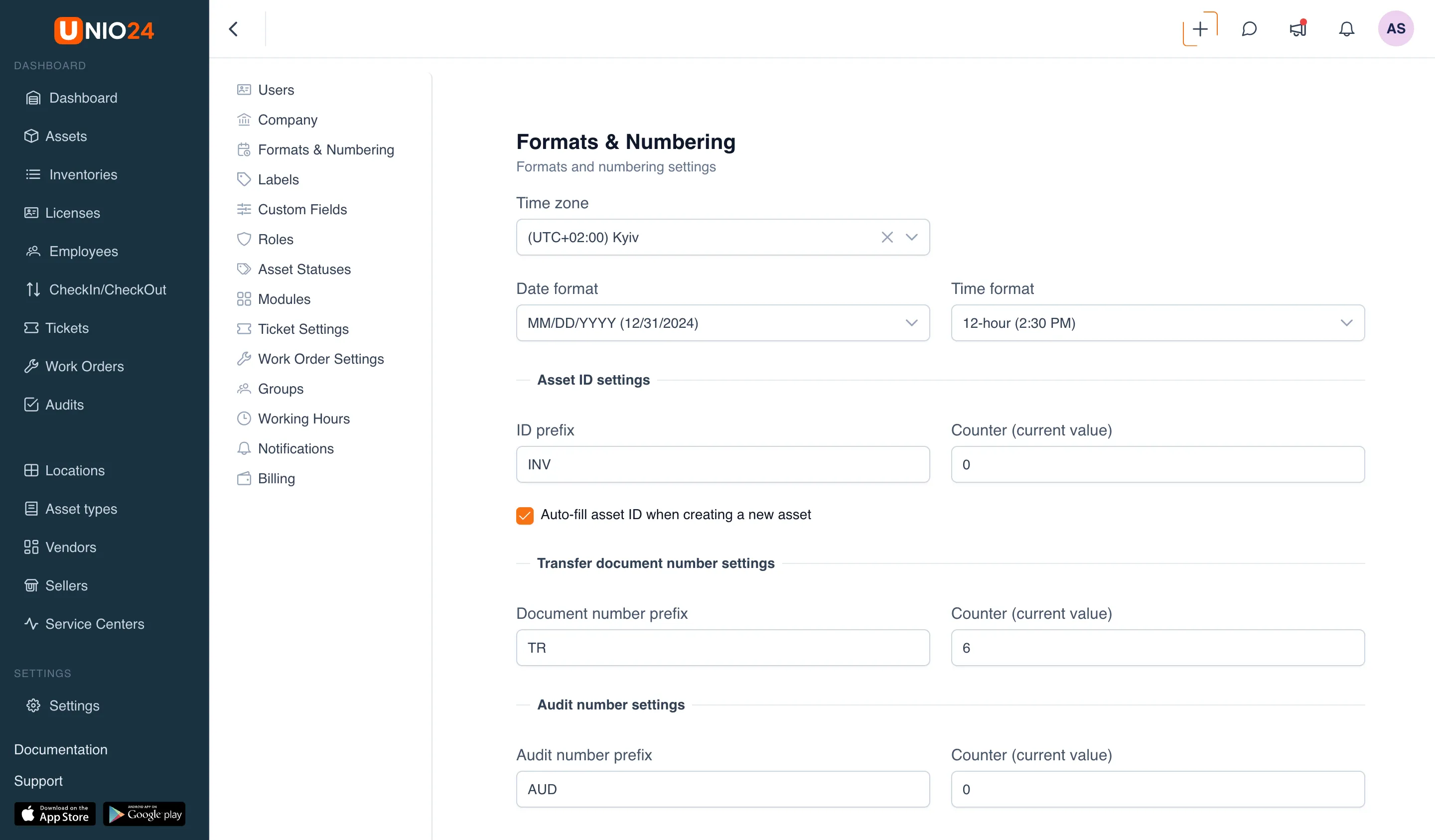 The "Formats & Numbering" page: time zone, date and time format, and below them the "Asset ID settings", "Transfer document number settings", "Audit number settings", and "Inventory item number settings" blocks with prefix, counter, and auto-fill checkbox fields.