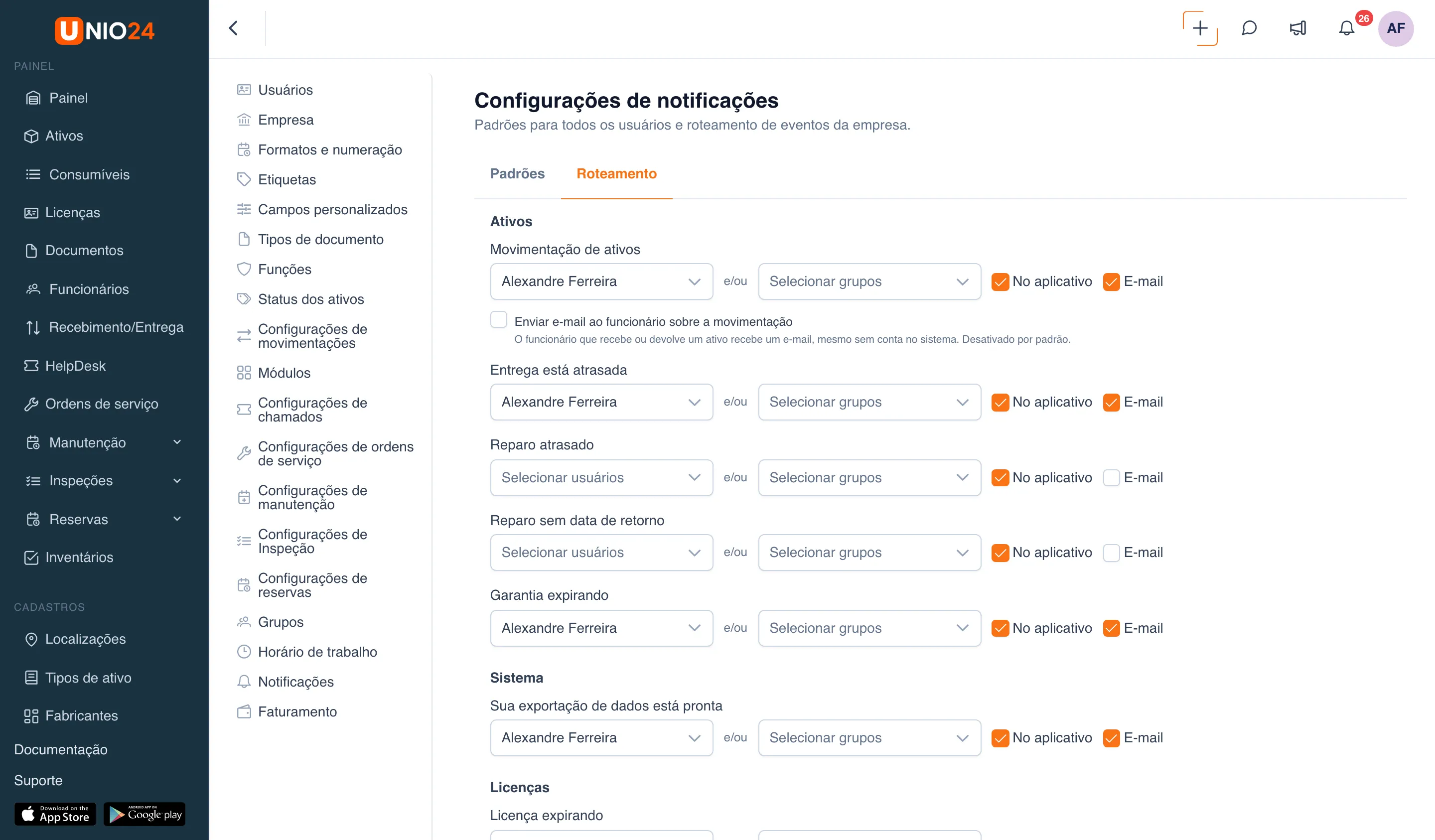 Página “Configurações de notificações”, aba “Roteamento”: bloco “Ativos” com os eventos “Movimentação de ativos”, “Entrega está atrasada”, “Reparo atrasado”, “Reparo sem data de retorno” e “Garantia expirando”, cada um com a escolha de usuários e grupos e as caixas “No aplicativo” e “E-mail”; abaixo de “Movimentação de ativos”, a caixa “Enviar e-mail ao funcionário sobre a movimentação”