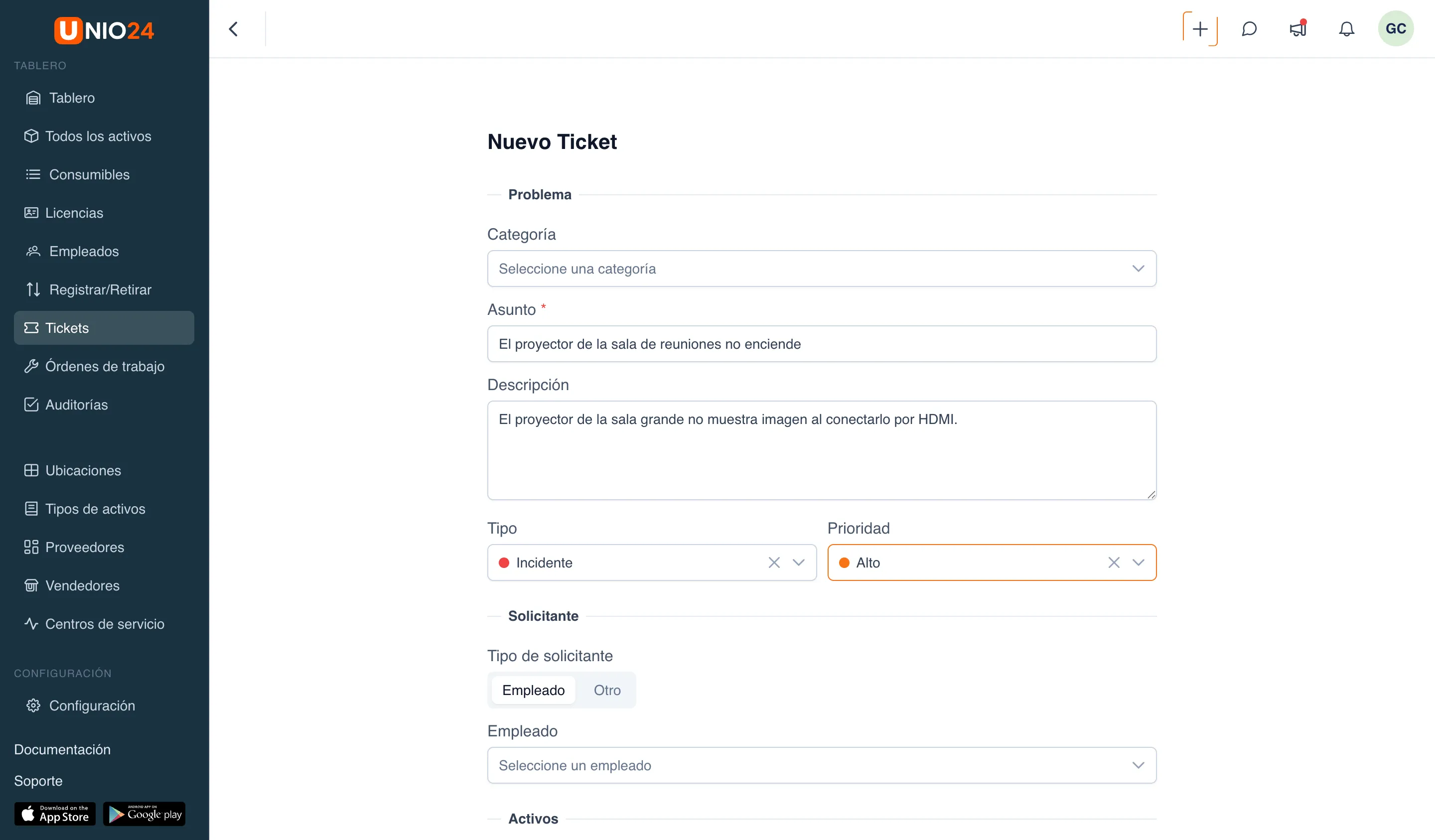 formulario de nuevo ticket con las secciones «Problema» (Categoría, Asunto con asterisco, Descripción, Tipo, Prioridad), «Solicitante» (selector «Empleado» / «Otro») y «Activos»