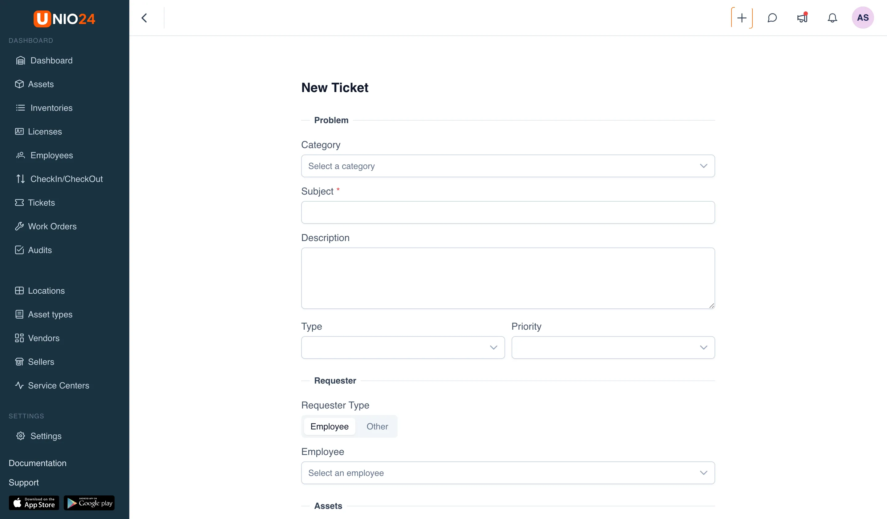 New ticket form with the «Problem» section (Category, Subject with an asterisk, Description, Type, Priority), «Requester» (the «Employee» / «Other» toggle), and «Assets»