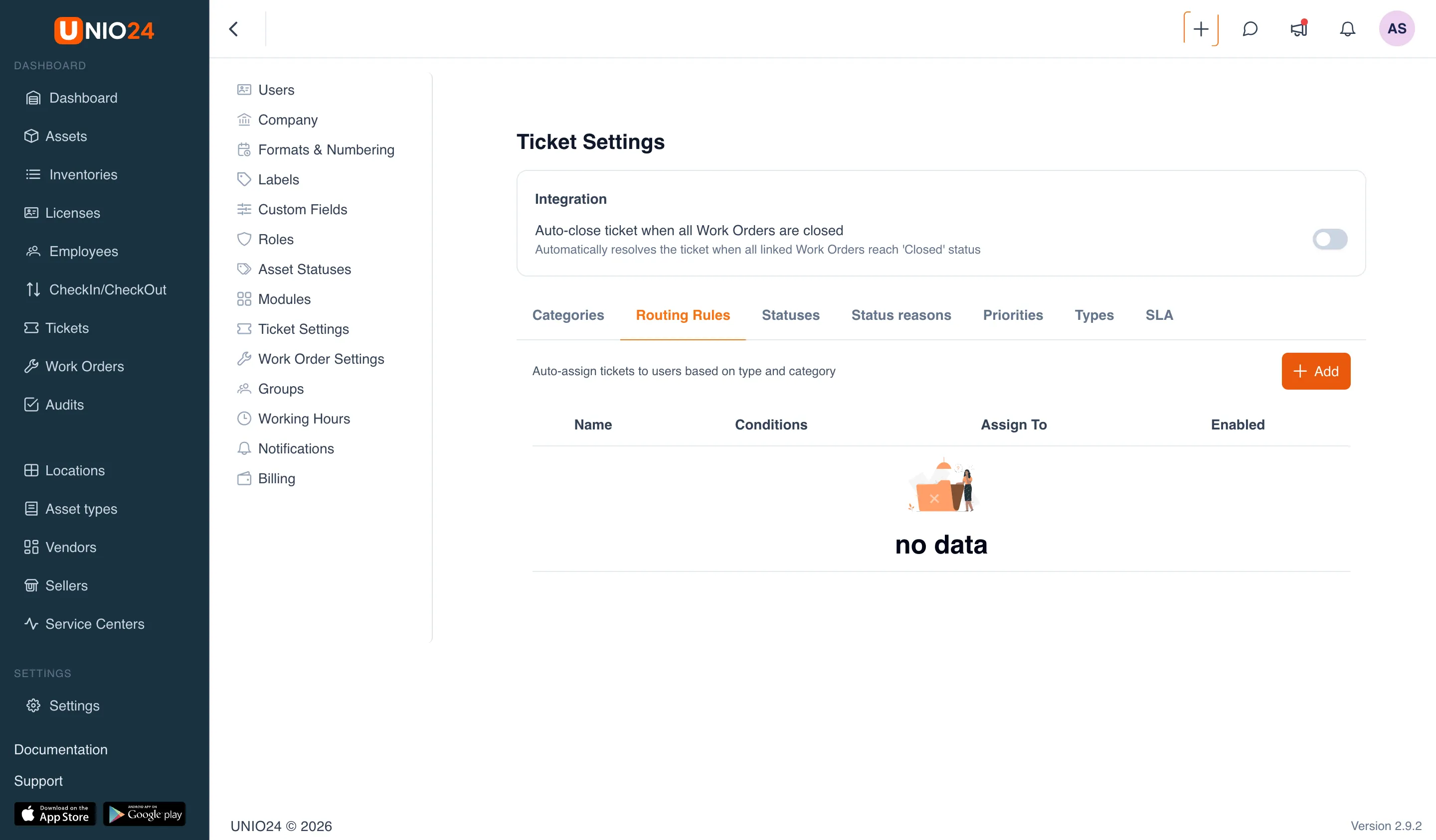 The «Routing» tab in ticket settings with the «Assign Rule» window open: the «Name» field, the «Type», «Priority», and «Category» conditions, and the assignment block «Assign to Group» / «Assign to User» with a «Rule enabled» checkbox