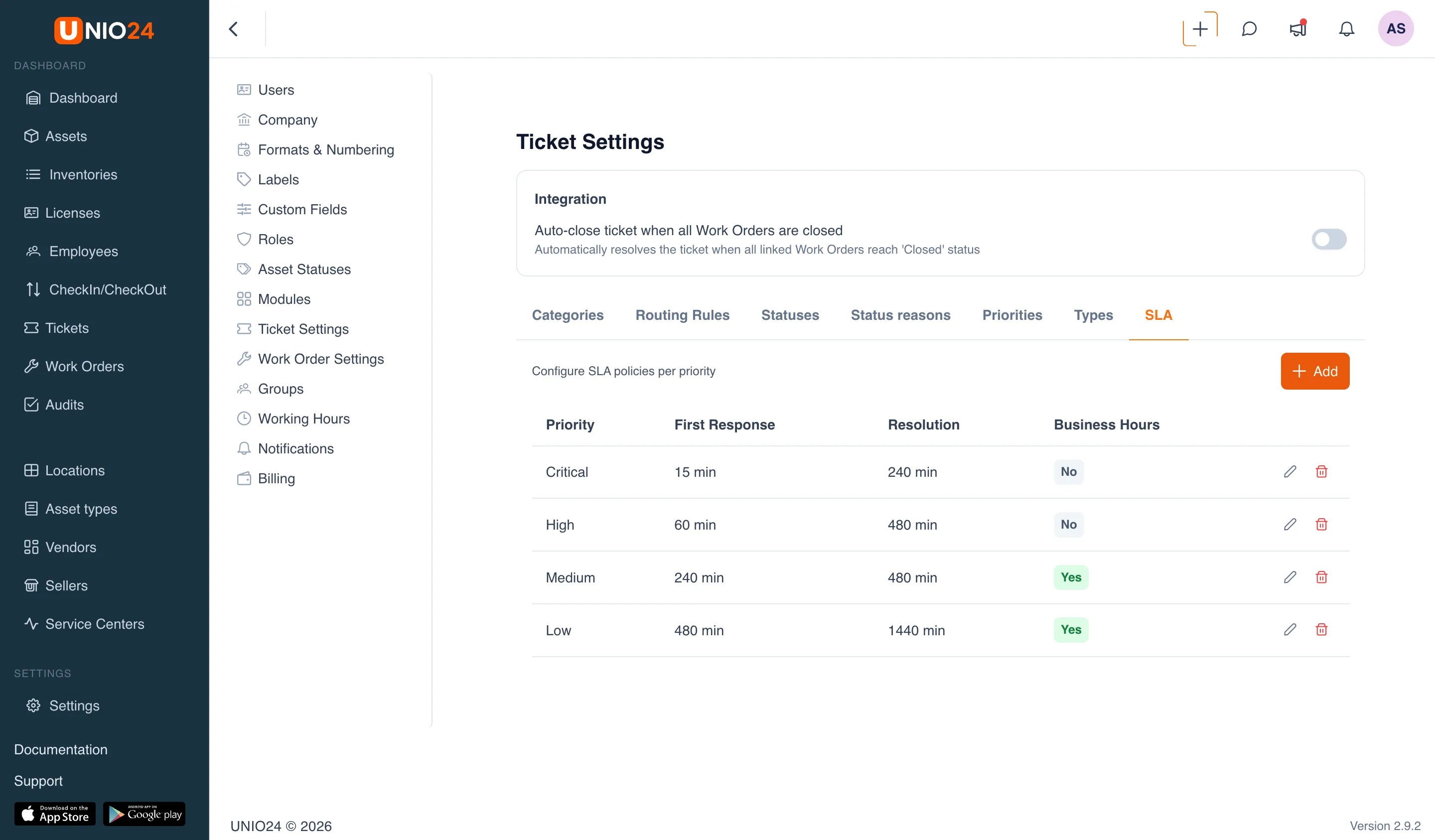 the "SLA" tab on the "Ticket Settings" page with the "Add SLA Policy" dialog open: the fields "Priority", "First Response (min)", "Resolution (min)", and the "Business hours only" checkbox; in the background a table of SLA policies by priority