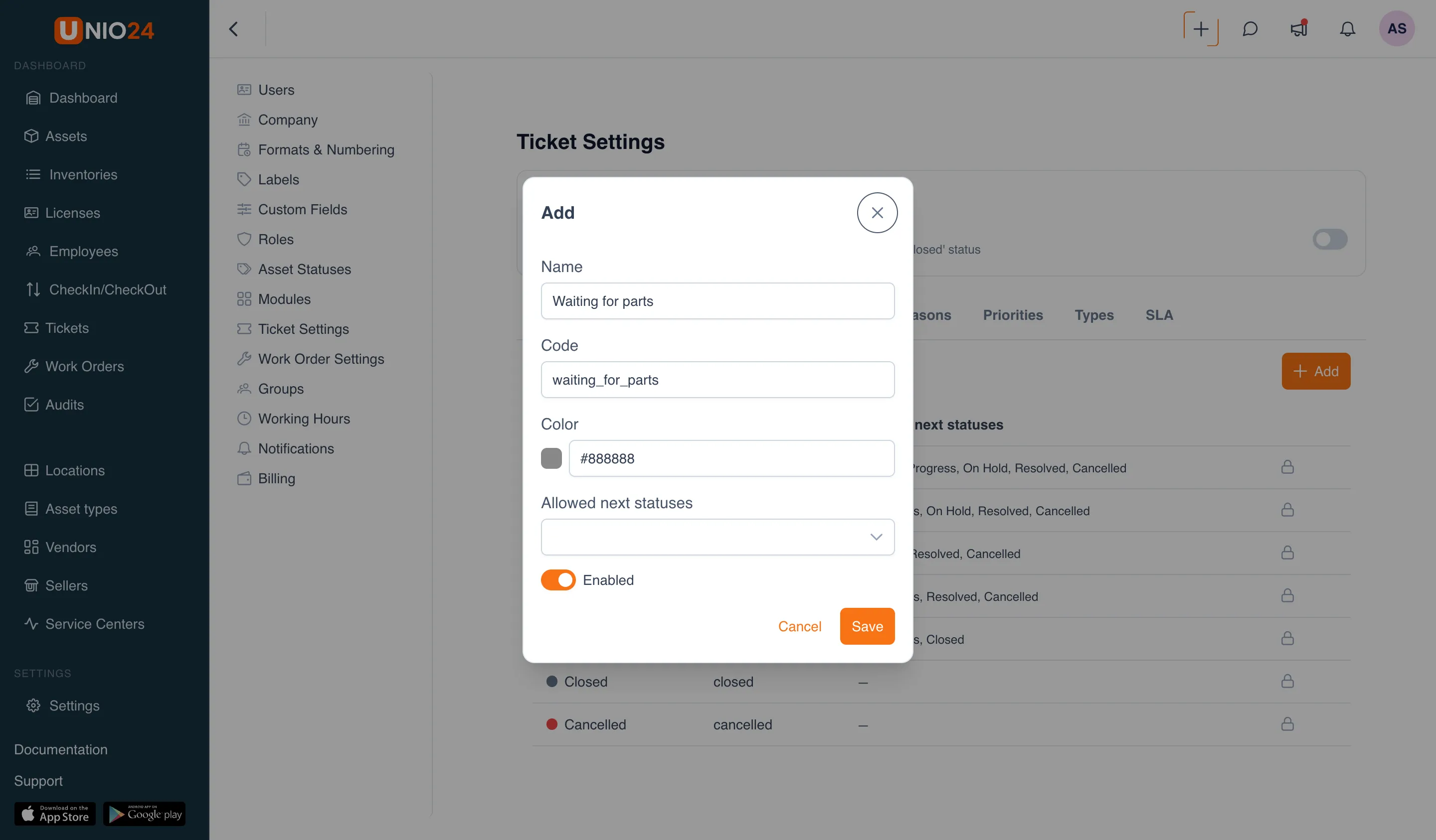 the add-ticket-status dialog with the fields "Name", "Code", "Color", the "Allowed next statuses" field with statuses checked, and the "Enabled" toggle
