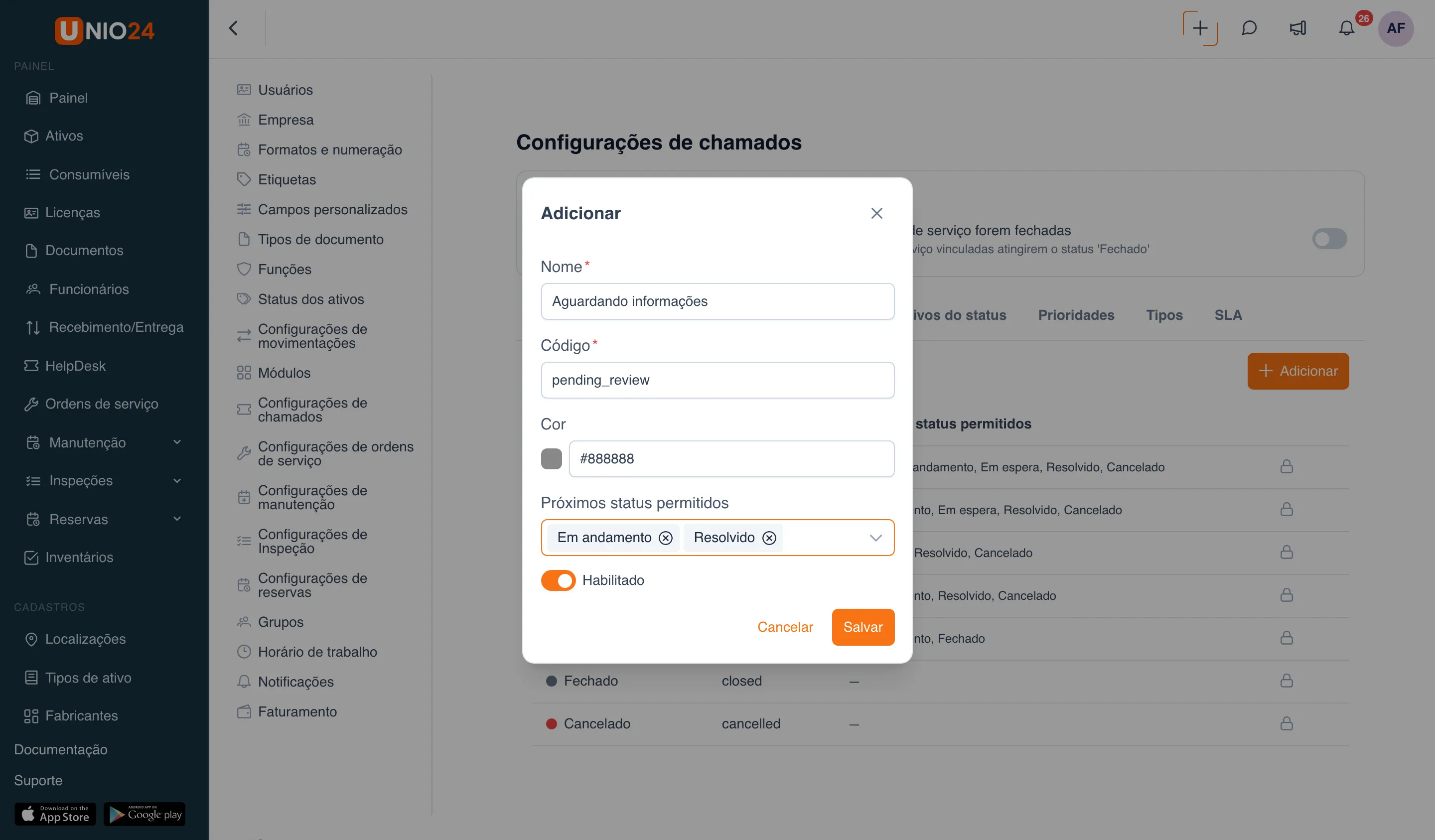 Janela “Adicionar” de um status de chamado com os campos “Nome”, “Código”, “Cor”, o campo “Próximos status permitidos” com “Em andamento” e “Resolvido” selecionados e a chave “Habilitado”