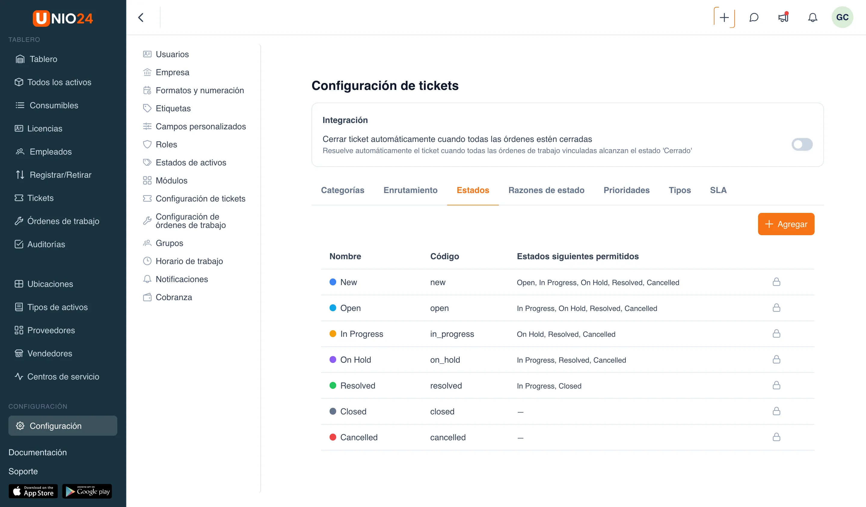 la página «Configuración de tickets», pestaña «Estados»: en la parte superior las pestañas «Categorías», «Enrutamiento», «Estados», «Razones de estado», «Prioridades», «Tipos» y «SLA», debajo una tabla de estados con etiquetas de color y un icono de candado en los estados de sistema
