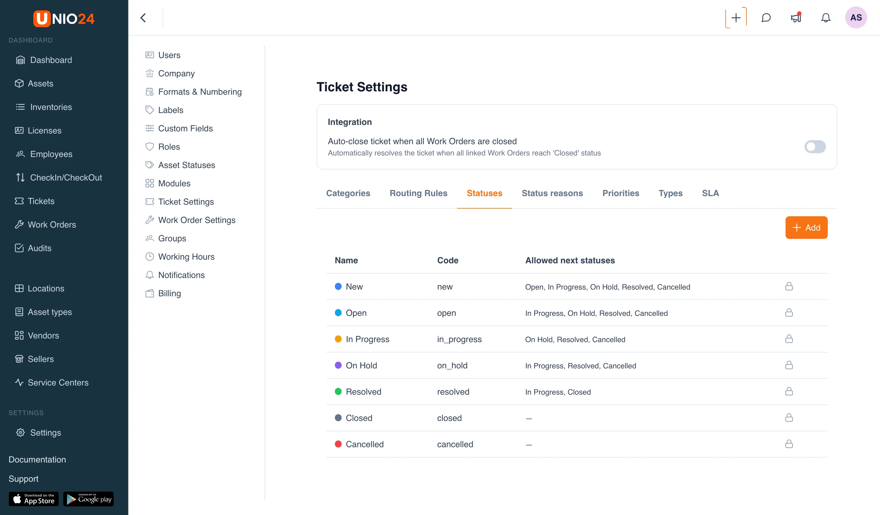 the "Ticket Settings" page, the "Statuses" tab: at the top the tabs "Categories", "Routing", "Statuses", "Status reasons", "Priorities", "Types", and "SLA"; below, a table of statuses with color labels and a lock icon next to system statuses