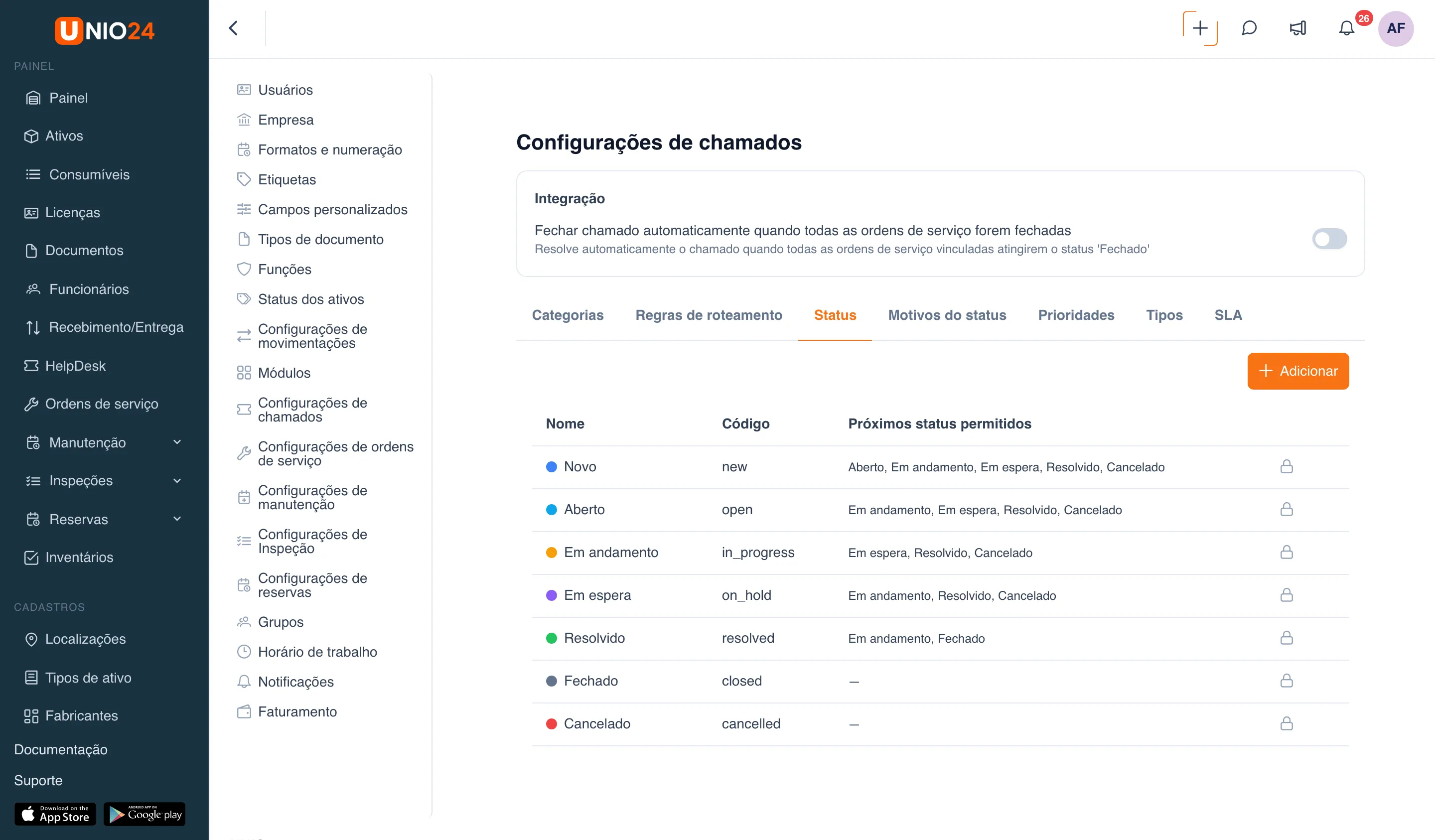 Página “Configurações de chamados”, aba “Status”: acima, o bloco “Integração” e as abas “Categorias”, “Regras de roteamento”, “Status”, “Motivos do status”, “Prioridades”, “Tipos” e “SLA”; abaixo, a tabela de status com marcas de cor, a coluna “Próximos status permitidos” e um cadeado nos status do sistema