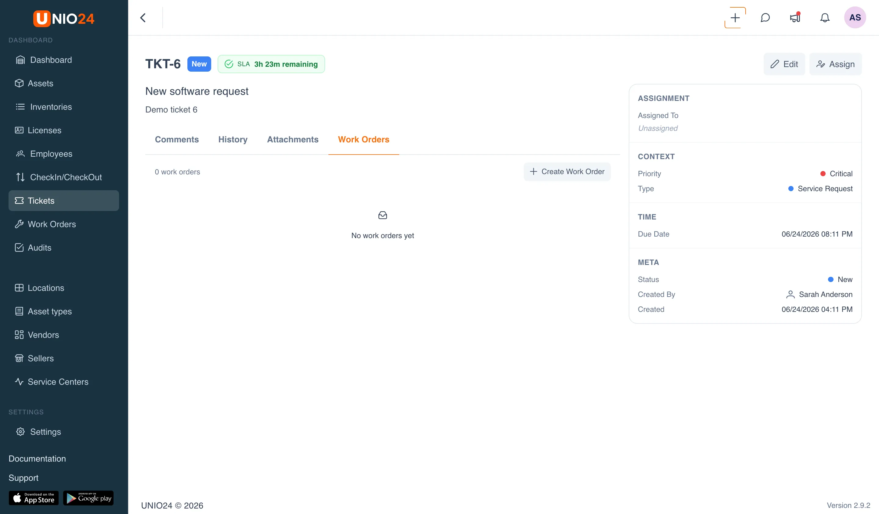 The «Work Orders» tab on a ticket page with the «Create Work Order» button and the empty state «No work orders yet»