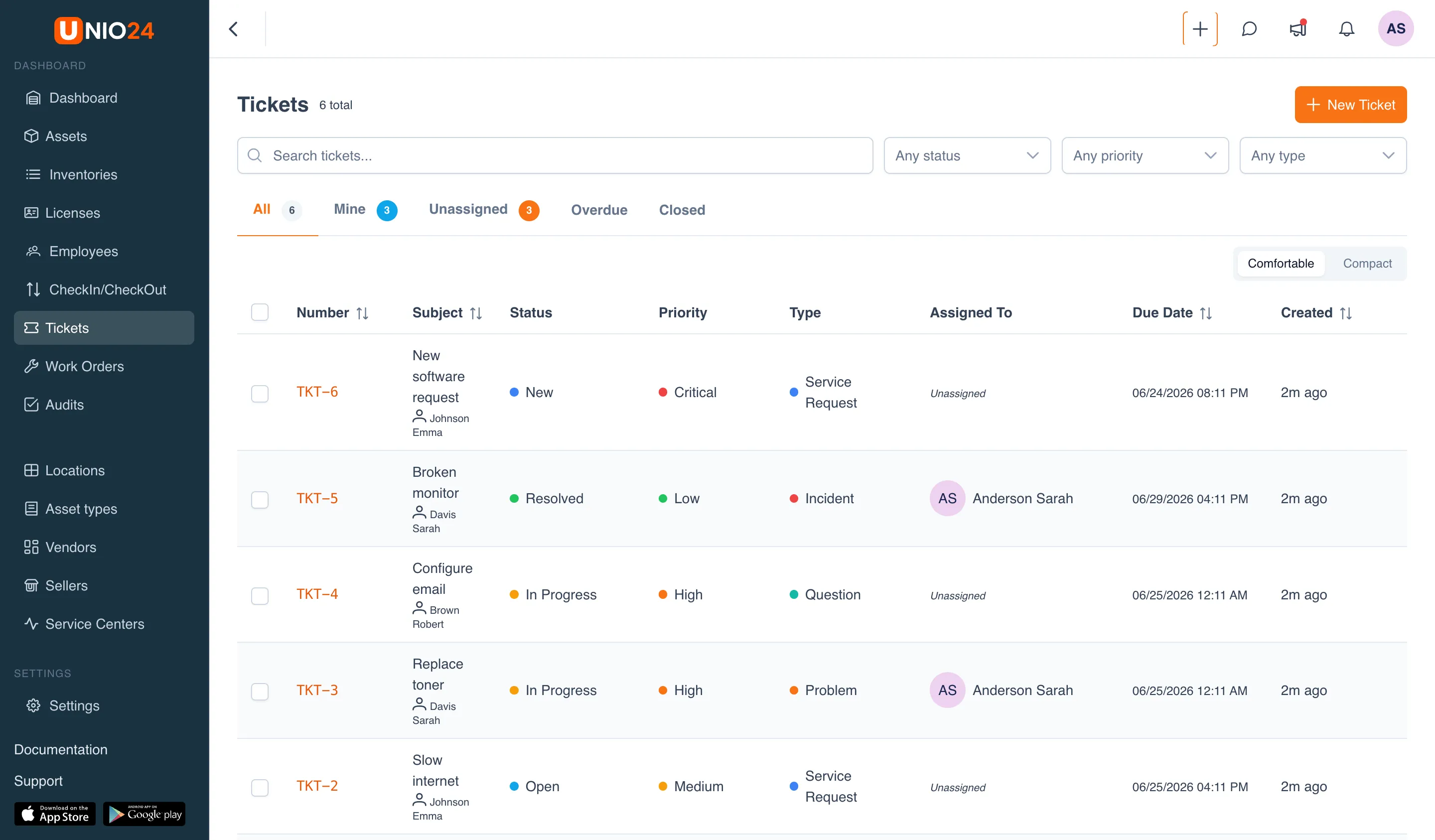 Ticket list: a table (Number, Subject, Status, Priority, Type, Assignee, Due Date, Created), the view tabs «All», «Mine», «Unassigned», «Overdue», «Closed», filters, and the «New Ticket» button