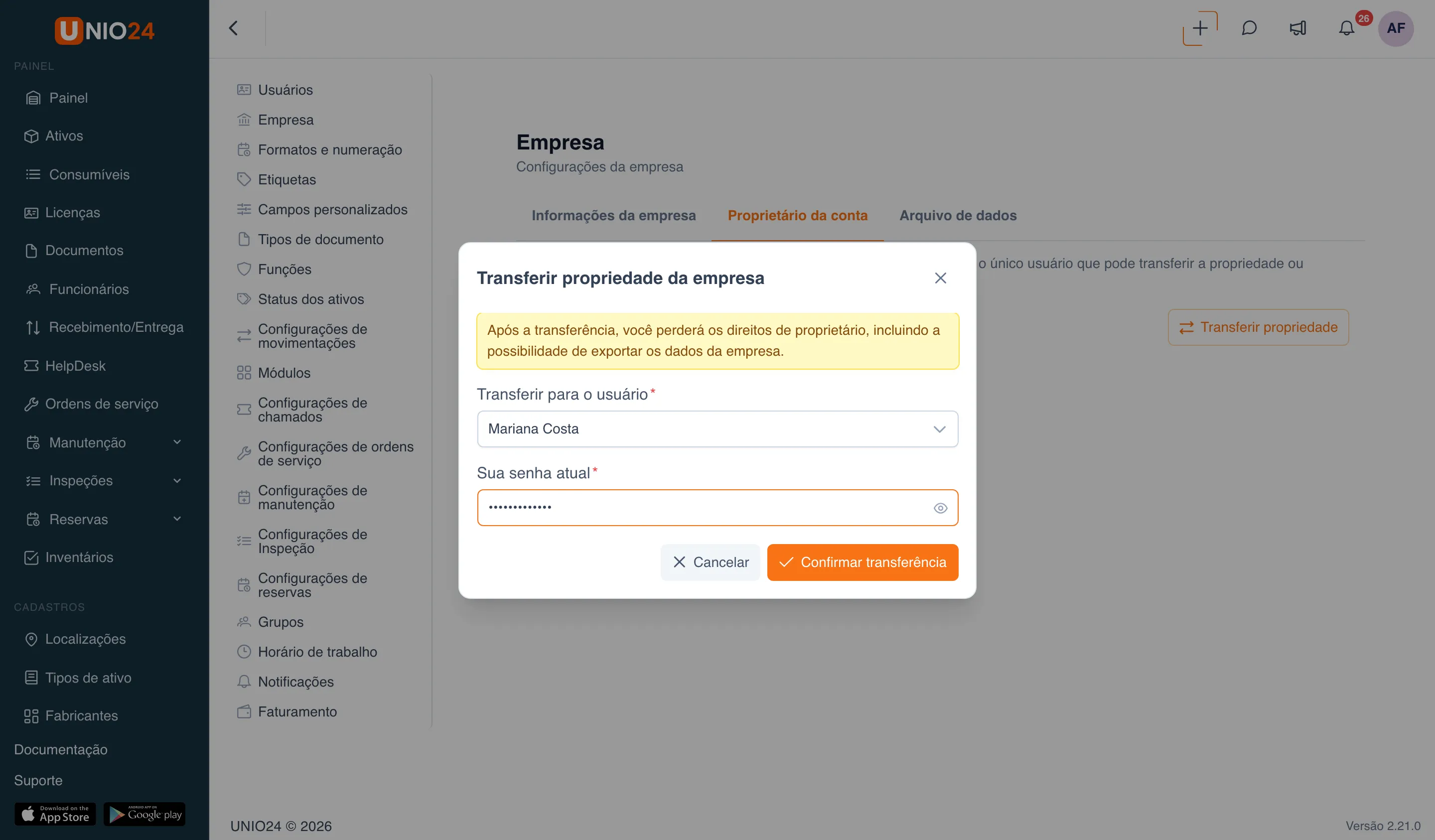 Janela «Transferir propriedade da empresa»: aviso de que você perderá os direitos de proprietário, campo «Transferir para o usuário» com Mariana Costa selecionada, campo «Sua senha atual» e os botões «Cancelar» e «Confirmar transferência»