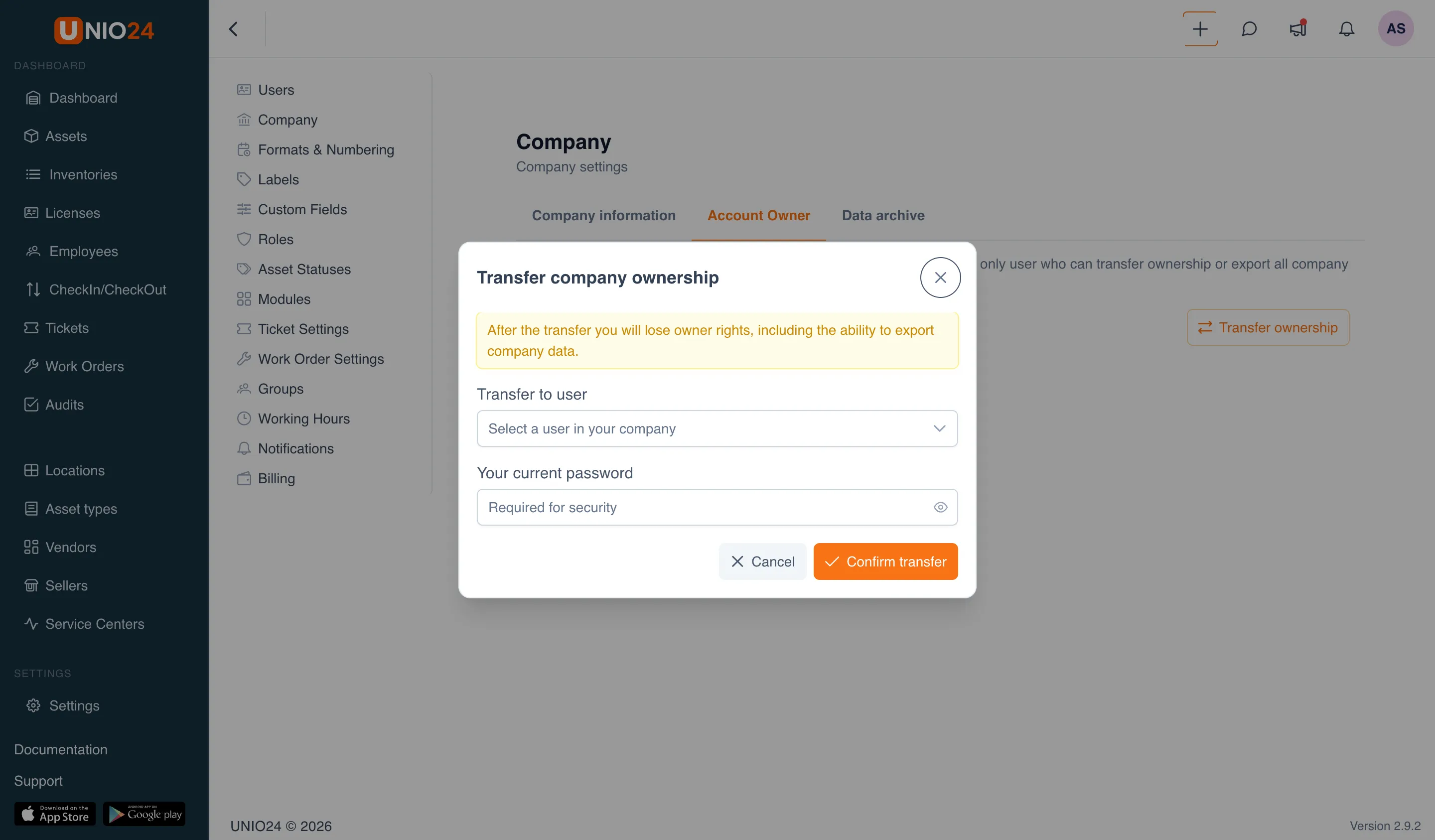 The "Transfer company ownership" window: a warning about losing ownership rights, the "Transfer to user" field with a user selected, the "Your current password" field, and the "Cancel" and "Confirm transfer" buttons.