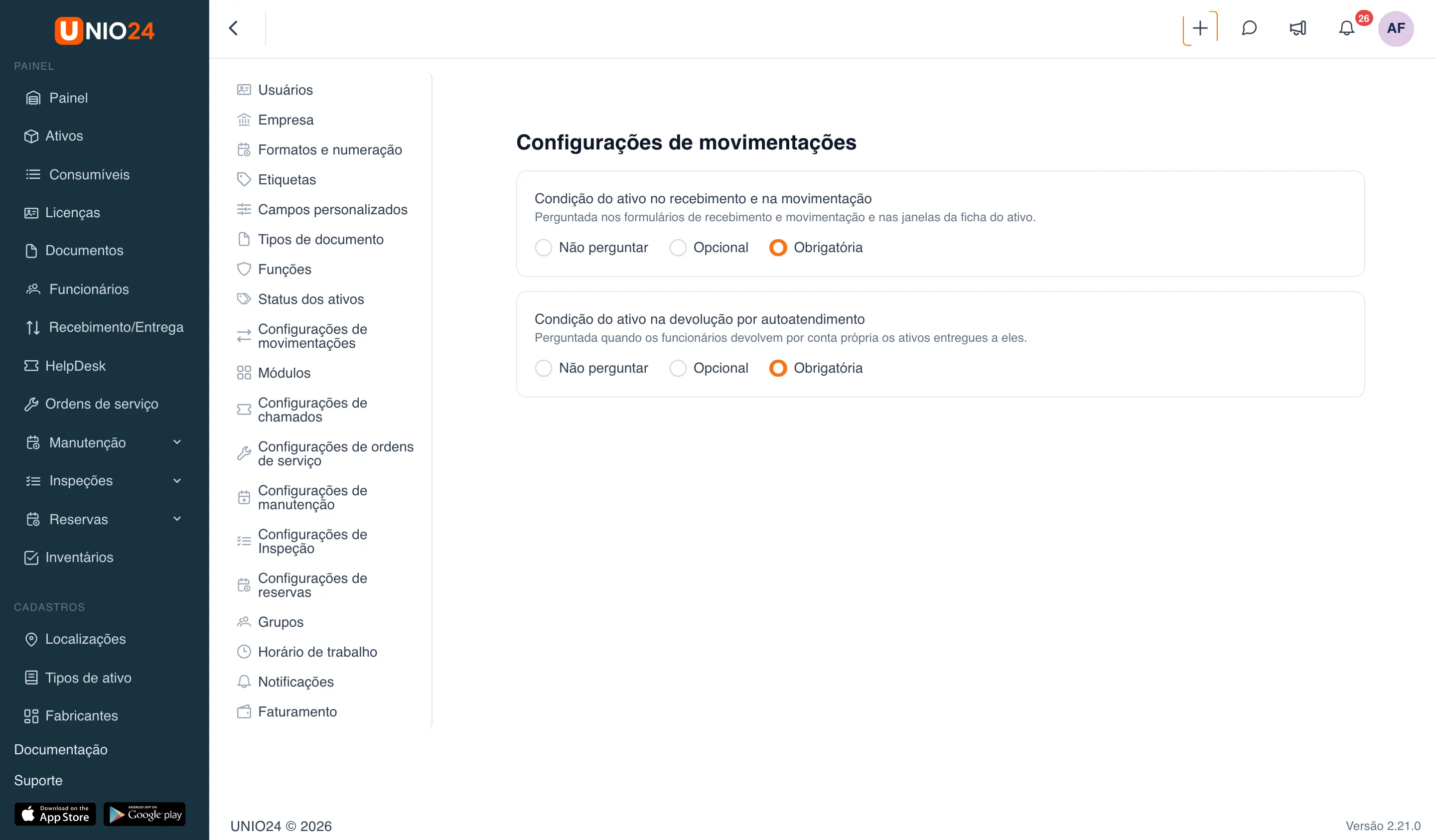 Página “Configurações de movimentações”: blocos “Condição do ativo no recebimento e na movimentação” e “Condição do ativo na devolução por autoatendimento”, cada um com as opções “Não perguntar”, “Opcional” e “Obrigatória”