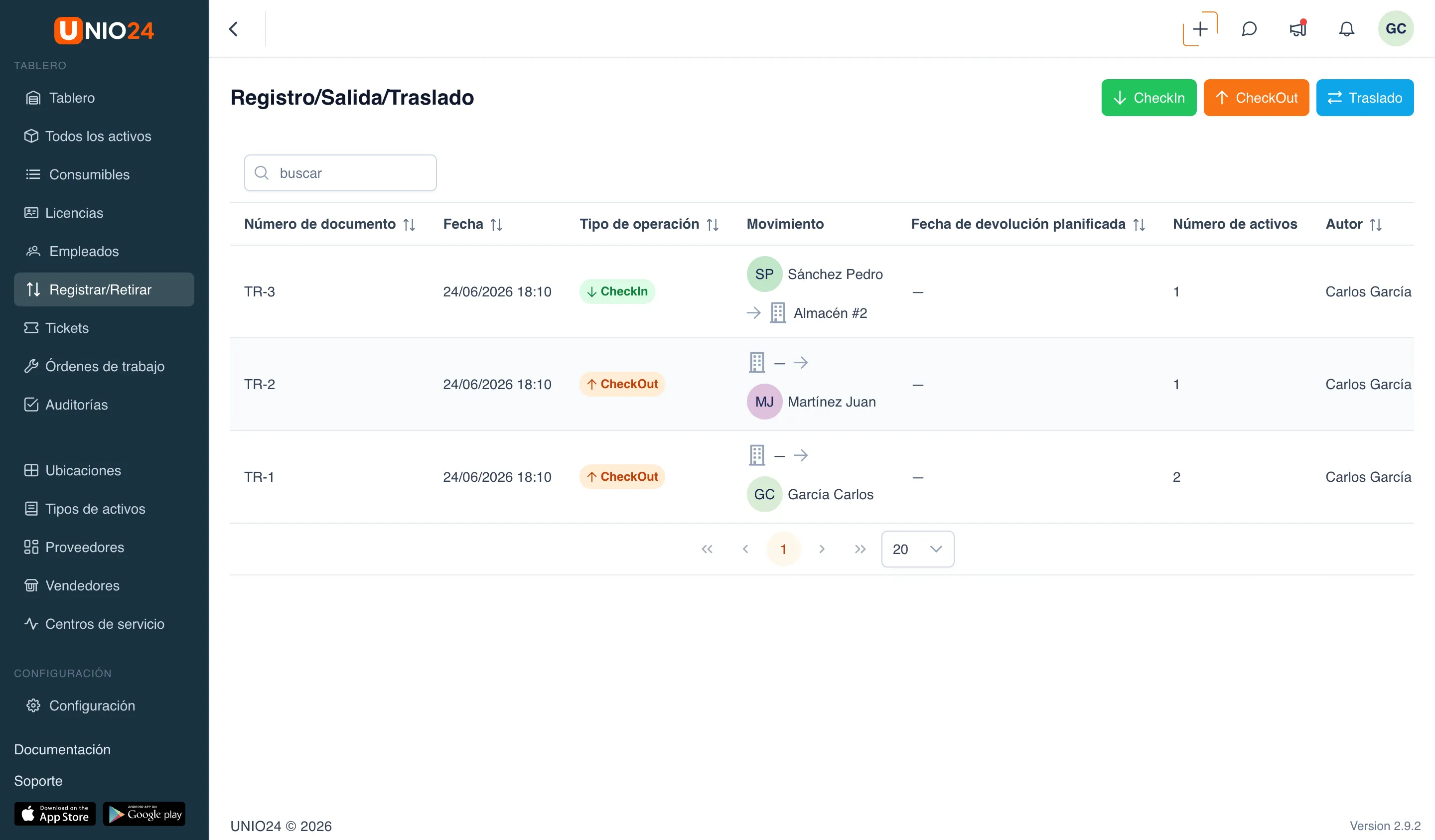 Sección «Traslado de activos»: lista de documentos de traslado con las columnas «Número de documento», «Tipo de operación», «Traslado», «Cantidad de activos», «Autor» y los botones «CheckIn», «CheckOut» y «Traslado» sobre la lista