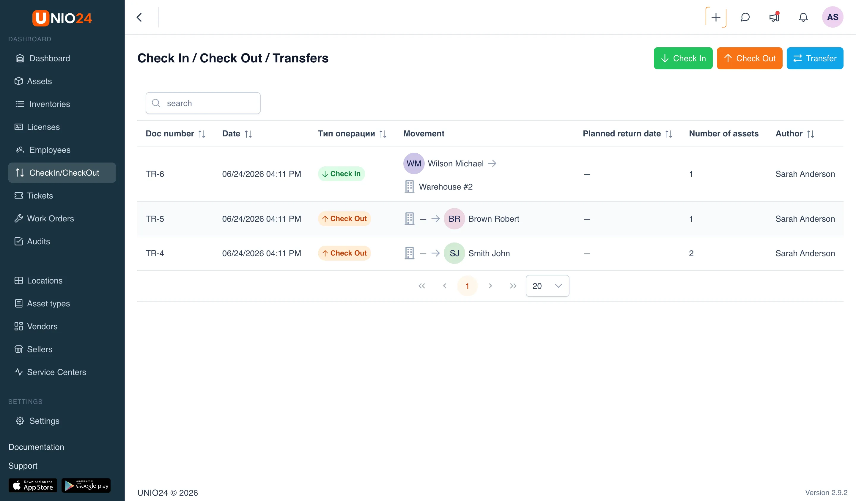 The "Check In / Check Out / Transfers" section: a list of transfer documents with the columns "Doc number", "Operation type", "Movement", "Number of assets", "Author" and the "Check In", "Check Out", and "Transfer" buttons above the list