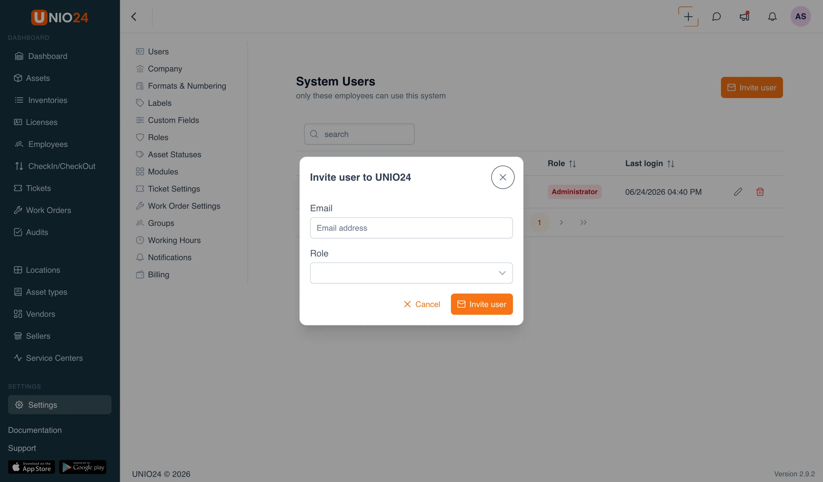 The «Invite user to UNIO24» dialog with the «Email» field filled in, the «Role» dropdown (Manager), and the «Invite user» button