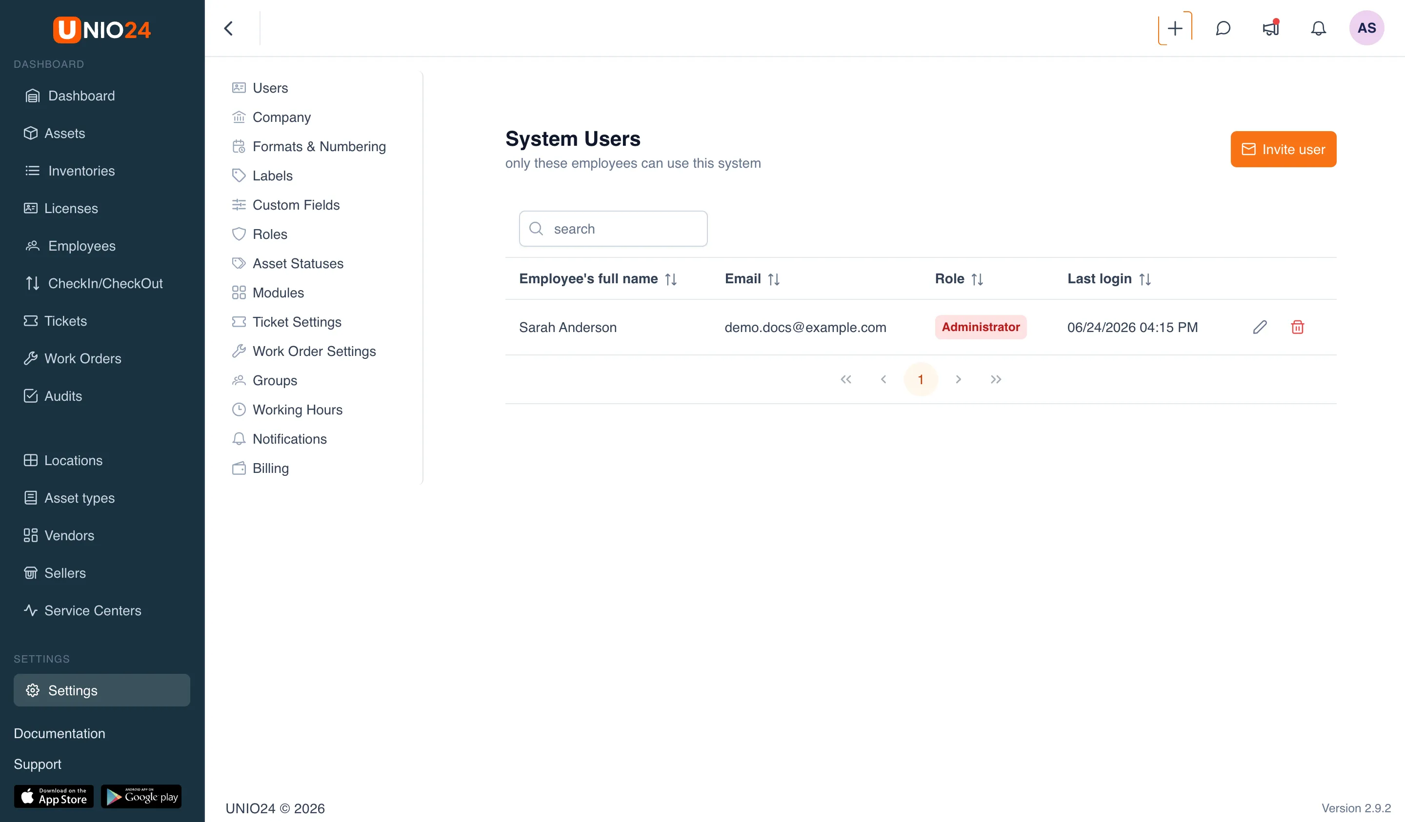 the "Settings" section: the left-hand menu of settings pages (Users, Company, Formats & Numbering, Labels, Custom Fields, Roles, Asset Statuses, Modules, Ticket Settings, Work Order Settings, Groups, Working Hours, Notifications, Billing)