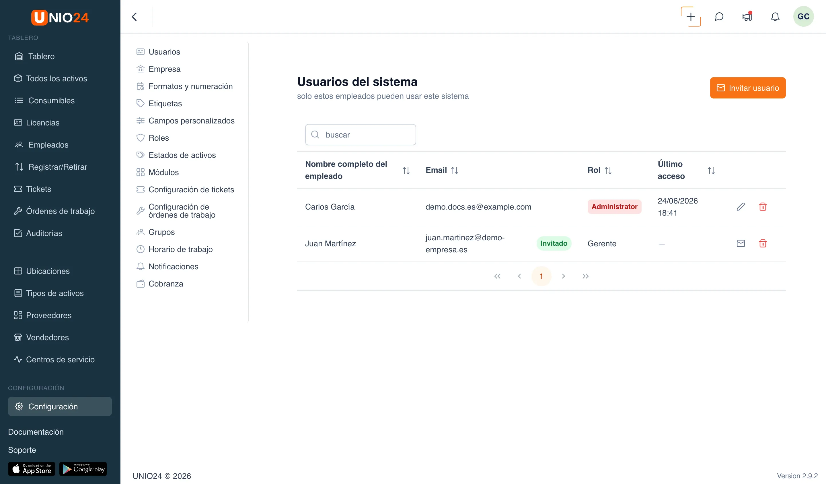 la sección «Configuración»: el menú izquierdo de páginas de configuración (Usuarios, Empresa, Formatos y numeración, Etiquetas, Campos personalizados, Roles, Estados de activos, Módulos, Configuración de tickets, Configuración de órdenes de trabajo, Grupos, Horario de trabajo, Notificaciones, Cobranza)