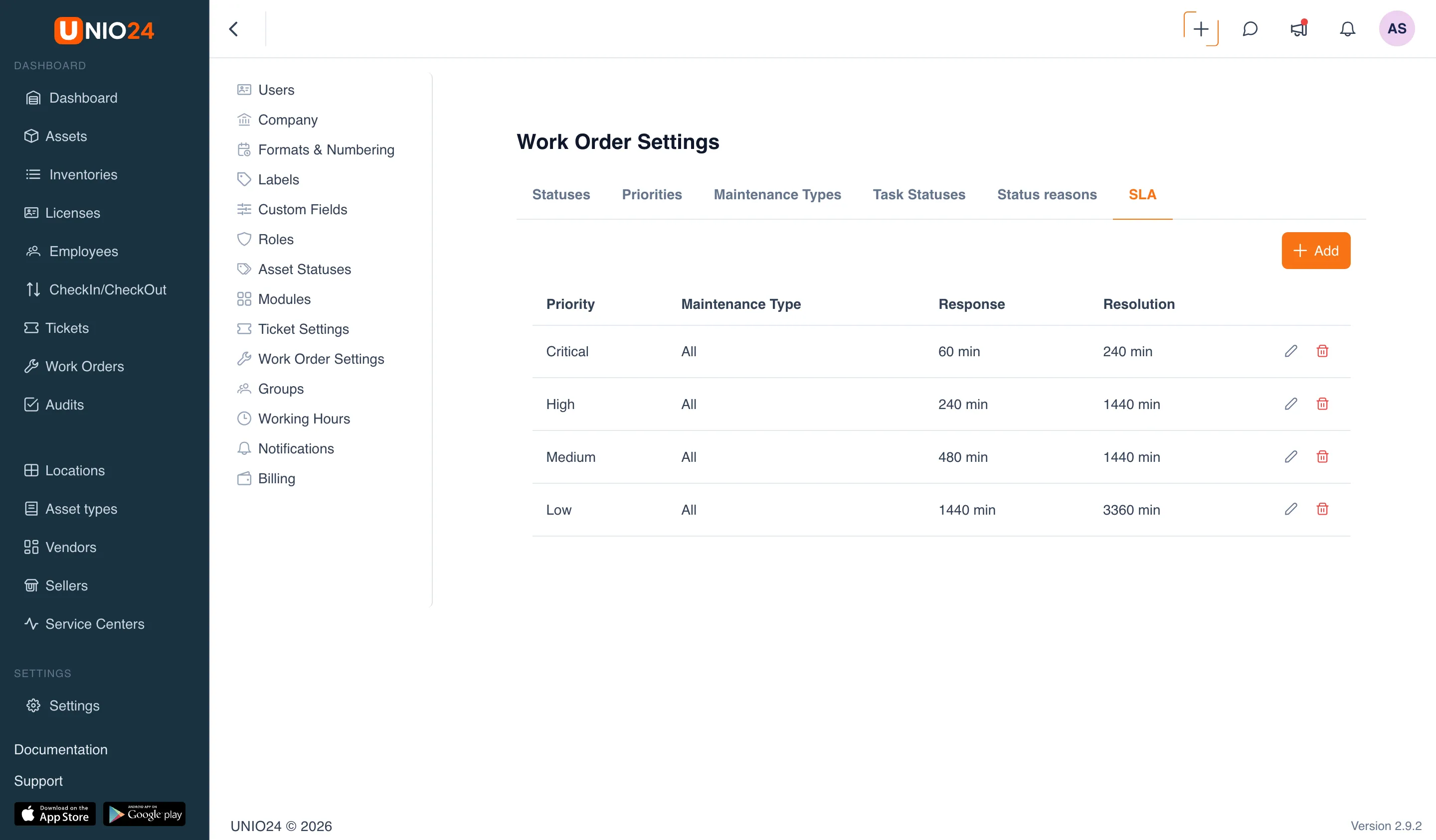 The «SLA» tab on the «Work Order Settings» page with the «Add SLA» window open: the «Priority», «Maintenance Type» (with the «All» option), «Response (min)», and «Resolution (min)» fields; in the background, a table of SLA policies by priority-and-maintenance-type combination