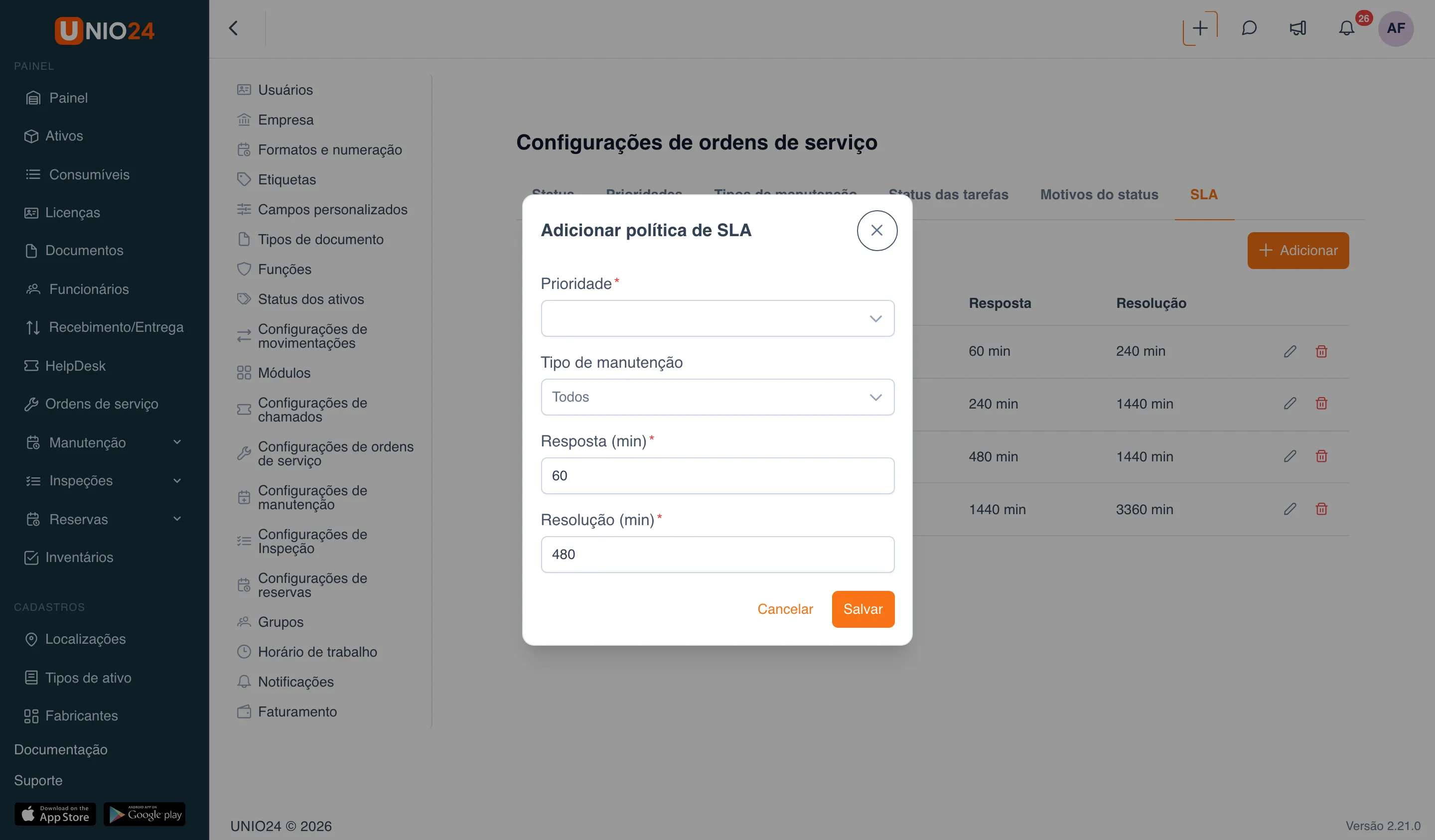 Aba “SLA” da página “Configurações de ordens de serviço” com a janela “Adicionar política de SLA” aberta: campos “Prioridade”, “Tipo de manutenção” (com a opção “Todos”), “Resposta (min)” e “Resolução (min)”; ao fundo, a tabela de políticas de SLA
