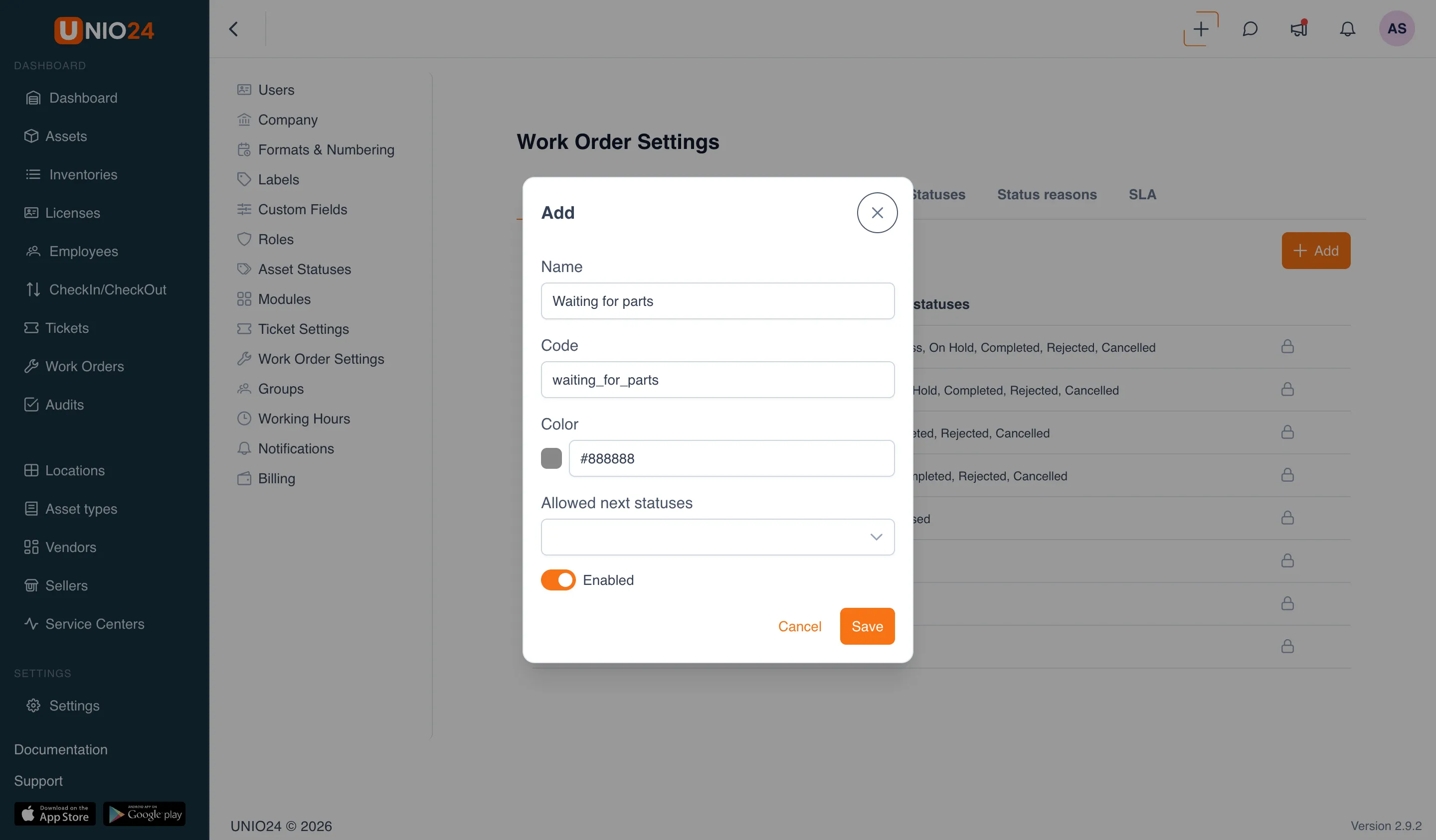 The work order status add window with the «Name», «Code», «Color» fields, the «Allowed next statuses» field with checked statuses, and the «Enabled» toggle