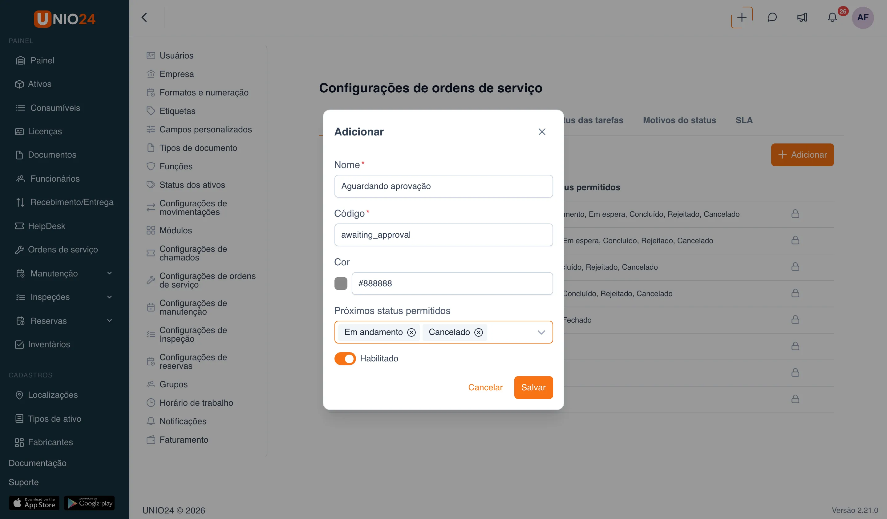 Janela “Adicionar” na aba “Status” da página “Configurações de ordens de serviço”: campos “Nome”, “Código”, “Cor”, “Próximos status permitidos” com “Em andamento” e “Cancelado” selecionados e a chave “Habilitado”, botões “Cancelar” e “Salvar”