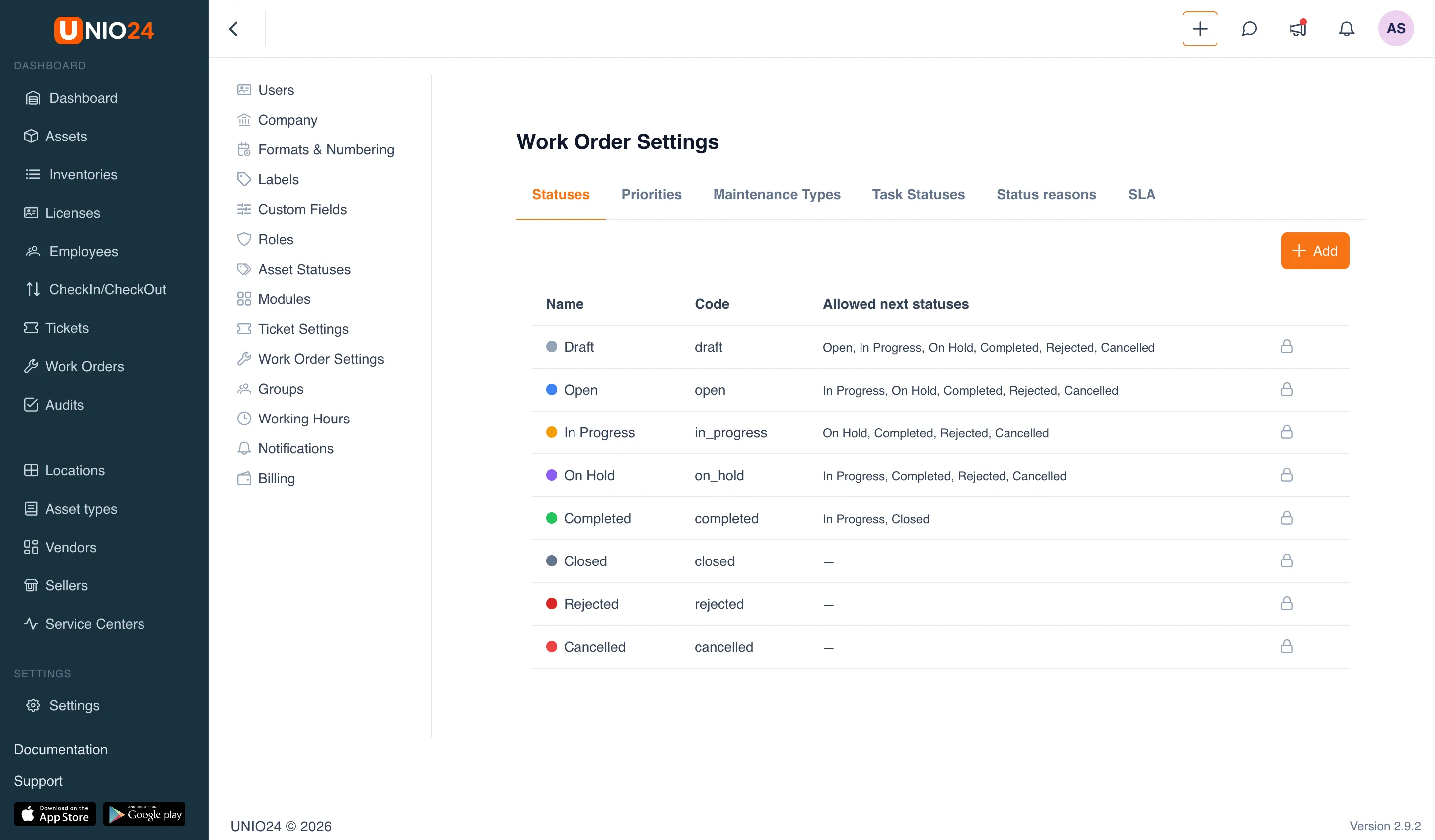 The «Work Order Settings» page, «Statuses» tab: at the top the «Statuses», «Priorities», «Maintenance Types», «Task Statuses», «Status reasons», and «SLA» tabs; below, a status table with the «Name», «Code», and «Allowed next statuses» columns; for system statuses, a lock icon is shown instead of buttons