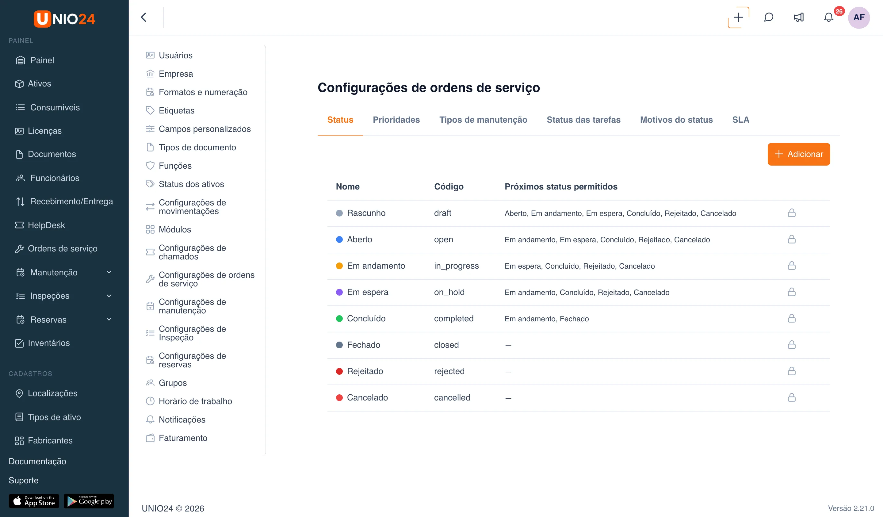 Página “Configurações de ordens de serviço”, aba “Status”: no alto, as abas “Status”, “Prioridades”, “Tipos de manutenção”, “Status das tarefas”, “Motivos do status” e “SLA”; abaixo, a tabela de status com as colunas “Nome”, “Código” e “Próximos status permitidos”; nos status do sistema aparece um cadeado no lugar dos botões