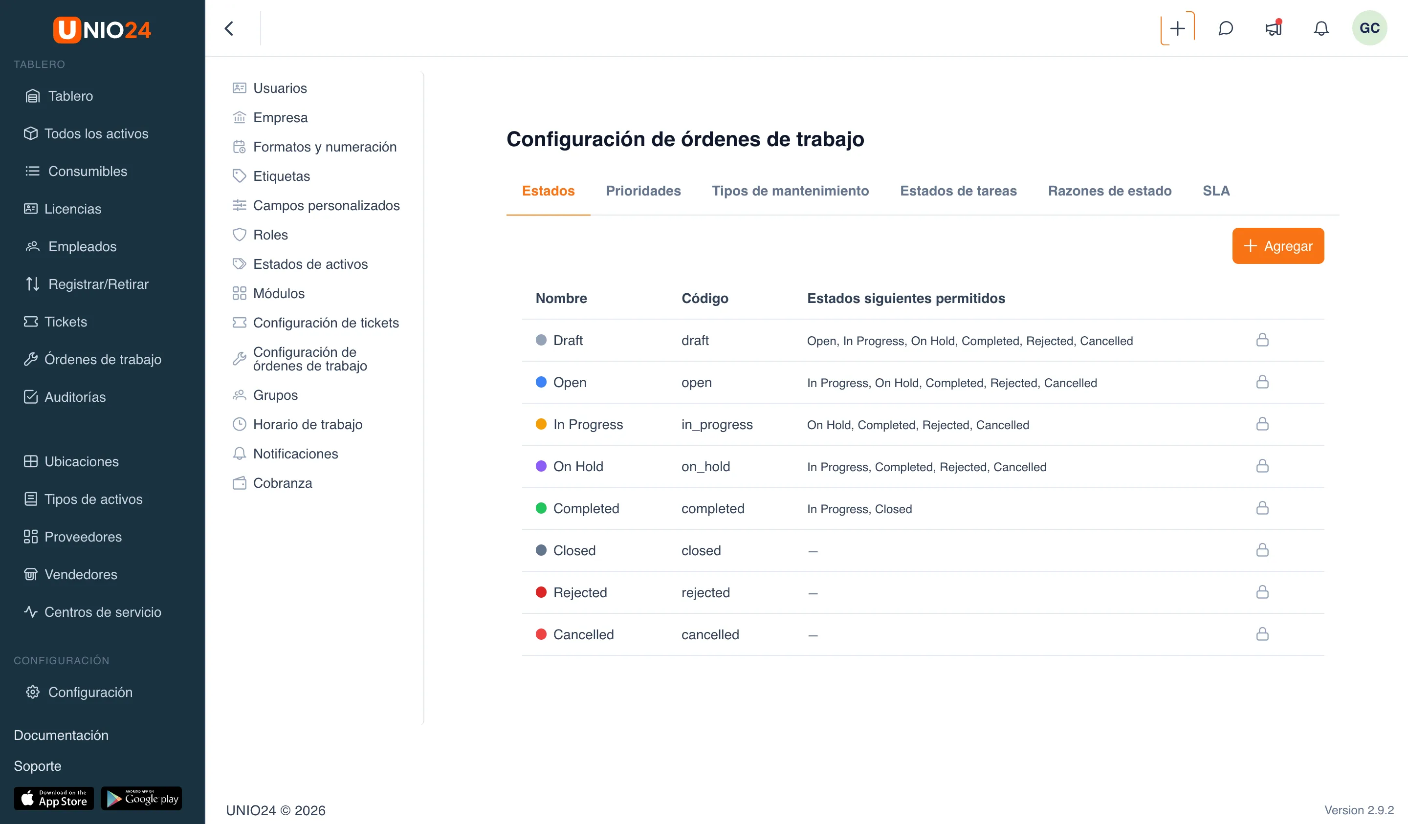 página «Configuración de órdenes de trabajo», pestaña «Estados»: arriba las pestañas «Estados», «Prioridades», «Tipos de Mantenimiento», «Estados de tareas», «Razones de estado» y «SLA», debajo una tabla de estados con las columnas «Nombre», «Código» y «Estados siguientes permitidos»; en los estados del sistema, en lugar de botones, se ve un icono de candado