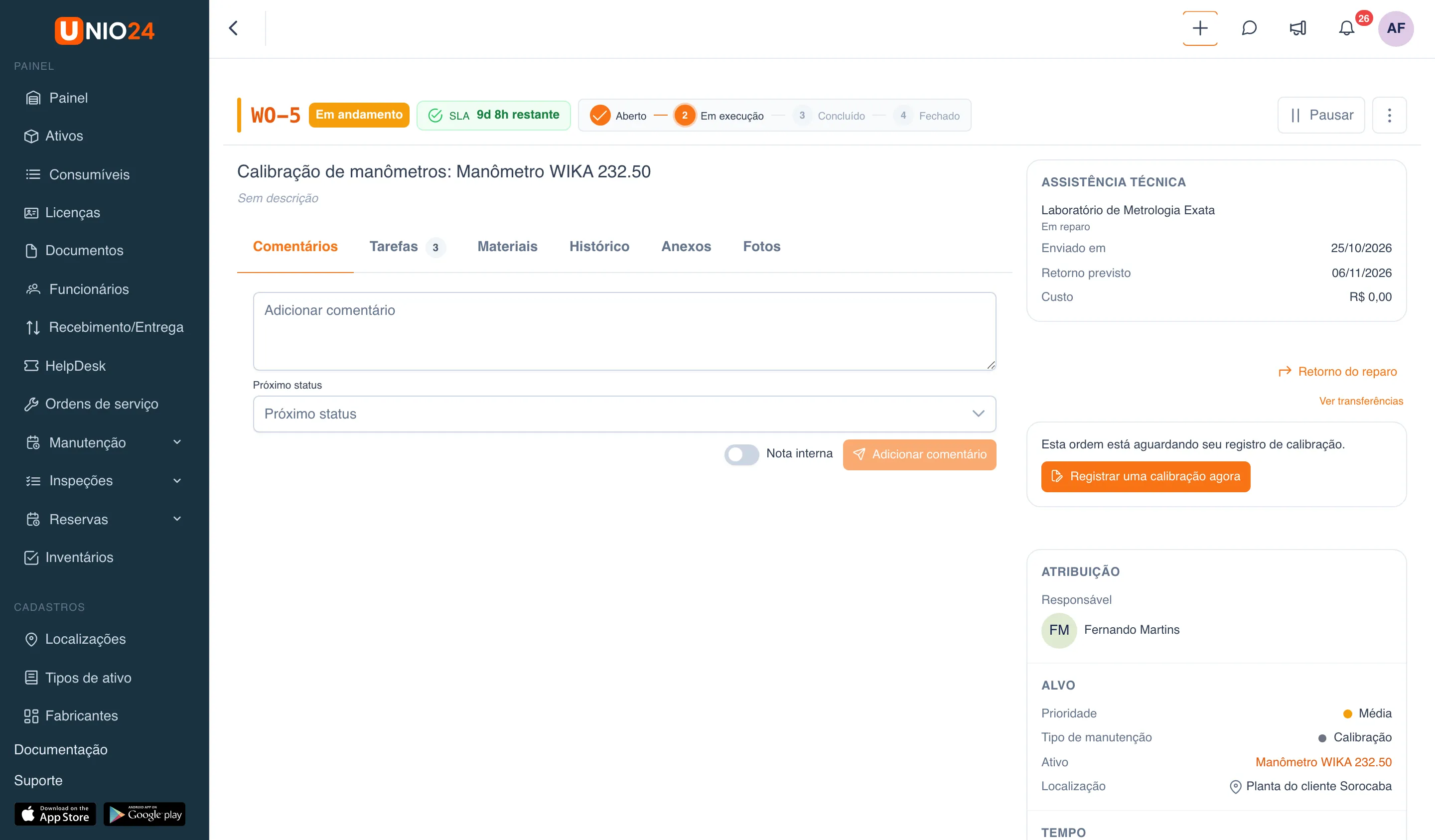 Página da ordem de serviço WO-5 de calibração de manômetro em um laboratório externo: à direita, o bloco “Assistência técnica” com o nome do laboratório, o status “Em reparo”, as datas “Enviado em” e “Retorno previsto”, o custo, o botão “Retorno do reparo” e o link “Ver transferências”; abaixo, o bloco “Esta ordem está aguardando seu registro de calibração.” com o botão “Registrar uma calibração agora”