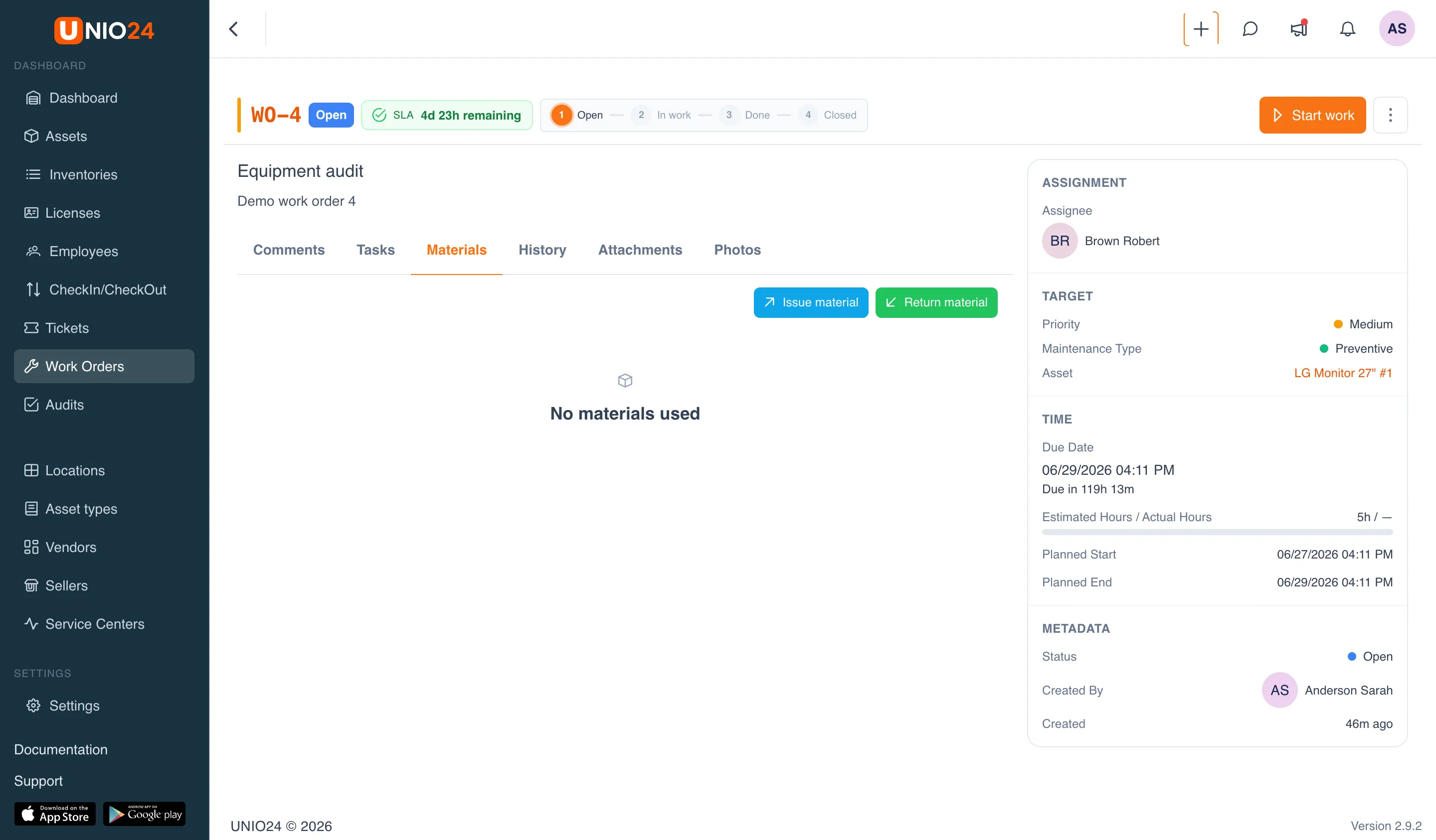 the "Materials" tab on the work order page with the "Issue material" and "Return material" buttons and the "Issue material" dialog open with the fields "Inventory", "Location", "Quantity", and "Note"