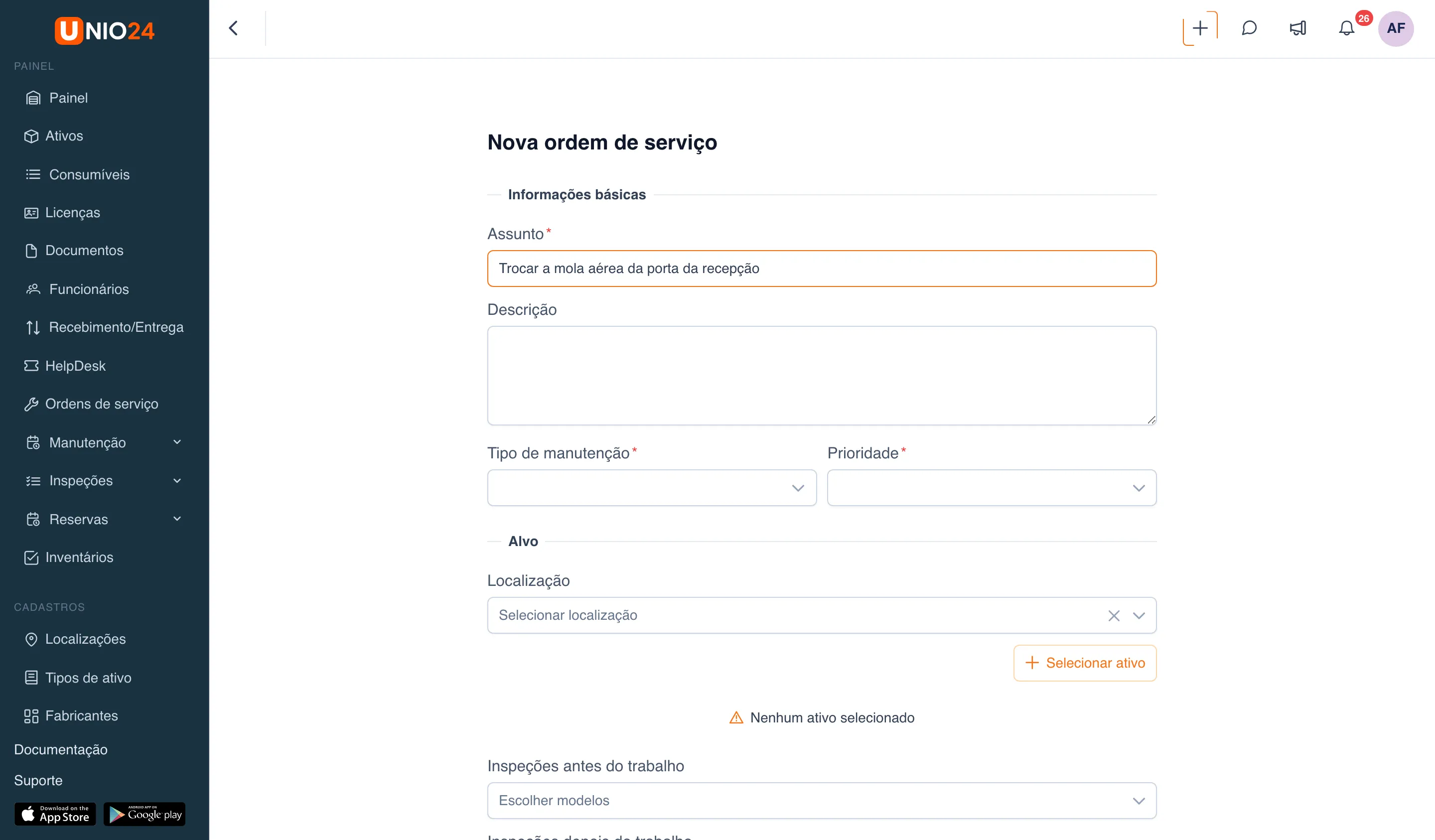 Formulário “Nova ordem de serviço”: seção “Informações básicas” com os campos obrigatórios “Assunto”, “Tipo de manutenção” e “Prioridade” e o campo “Descrição”, seção “Alvo” com o campo “Localização” e o botão “Selecionar ativo”, abaixo o campo “Inspeções antes do trabalho”