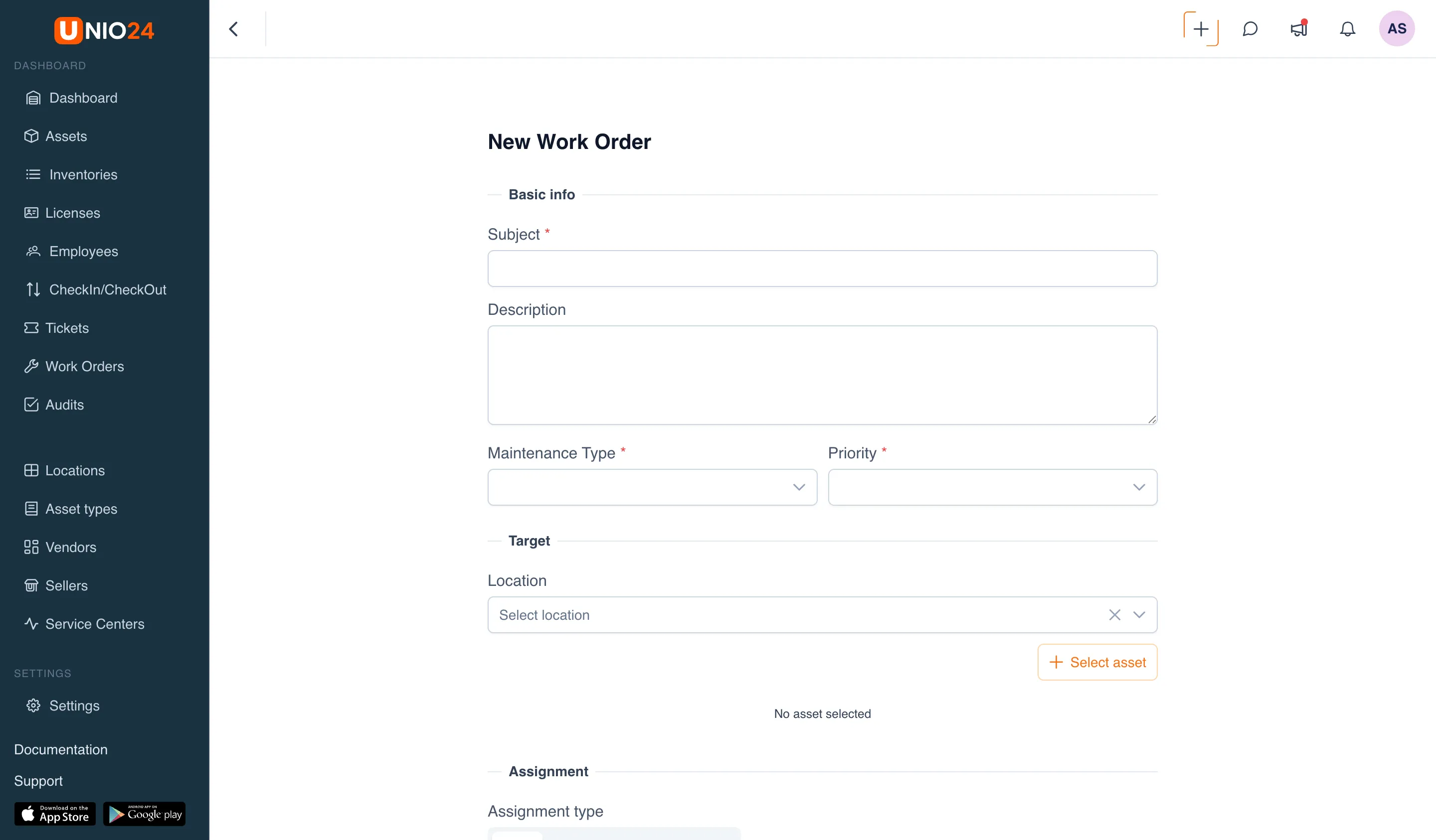 the "New Work Order" form: the "Core" section with the required fields "Subject", "Maintenance Type", and "Priority" (marked with an asterisk) and the "Description" field, the "Target" section with the "Location" field and the "Select asset" button, and the "Assign" section