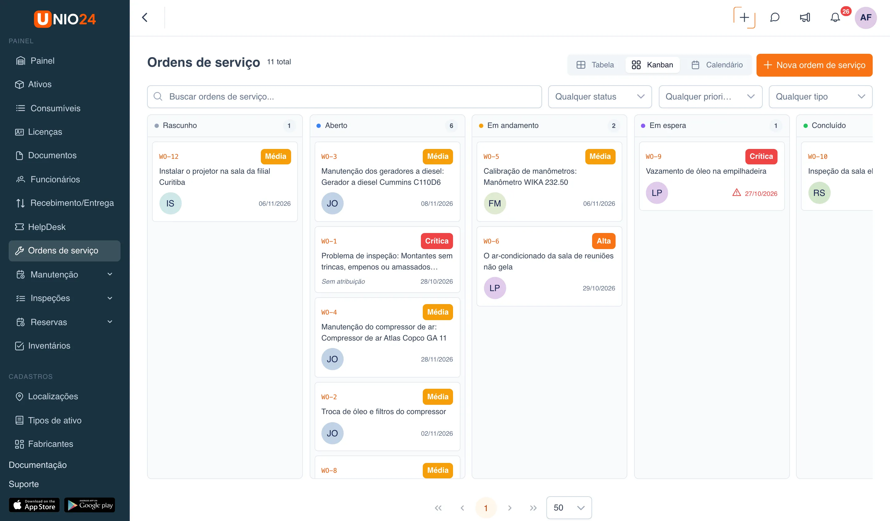 Visualização “Kanban” na página “Ordens de serviço”: colunas por status “Rascunho”, “Aberto”, “Em andamento”, “Em espera” e “Concluído” com a quantidade de ordens em cada uma e os cartões das ordens (número, assunto, prioridade, responsável, prazo)
