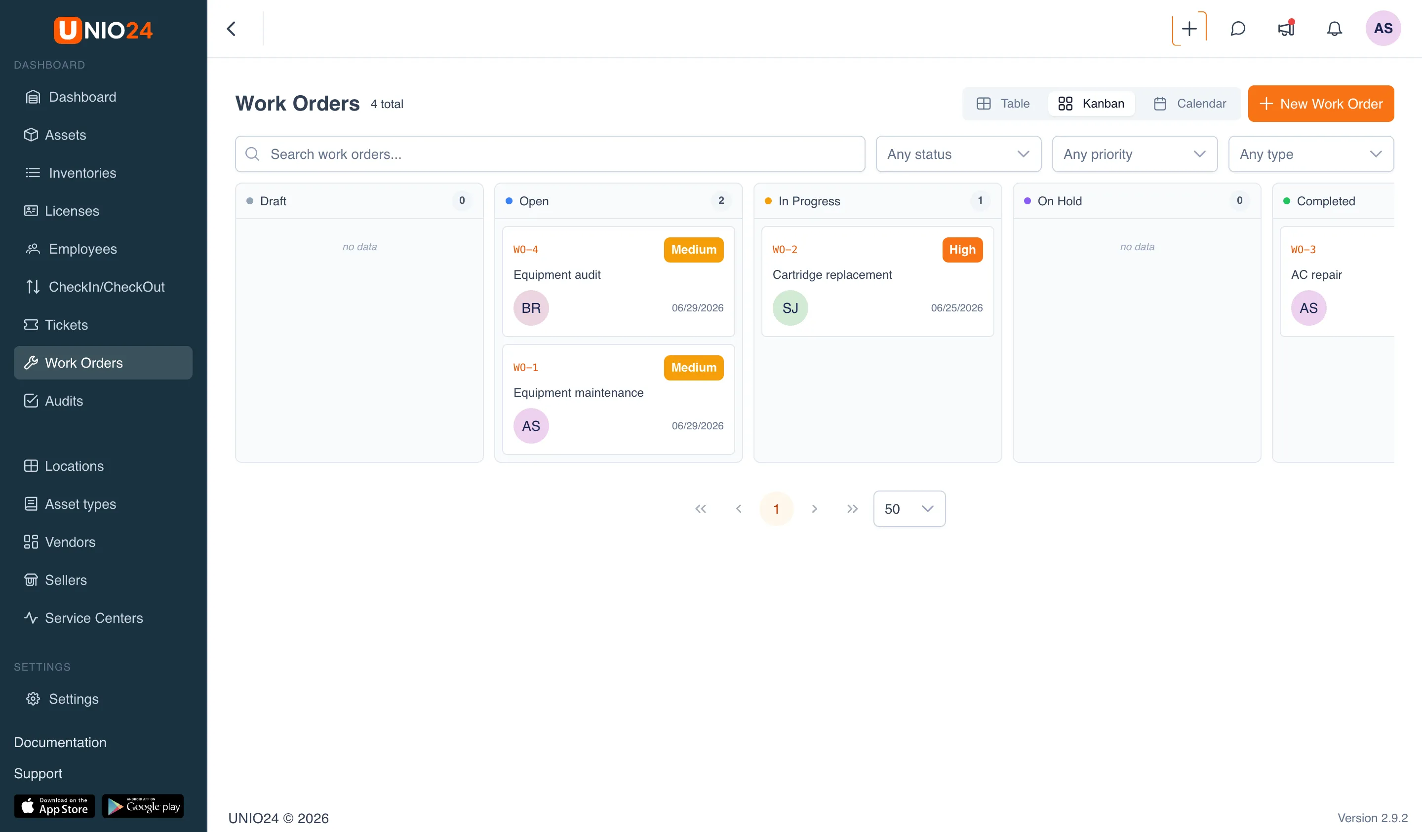 the "Kanban" view on the "Work Orders" page: columns by status "Draft", "Open", "In progress", "On Hold", and "Completed" with the count of work orders in each, and work order cards (number, subject, priority, assignee, due date)