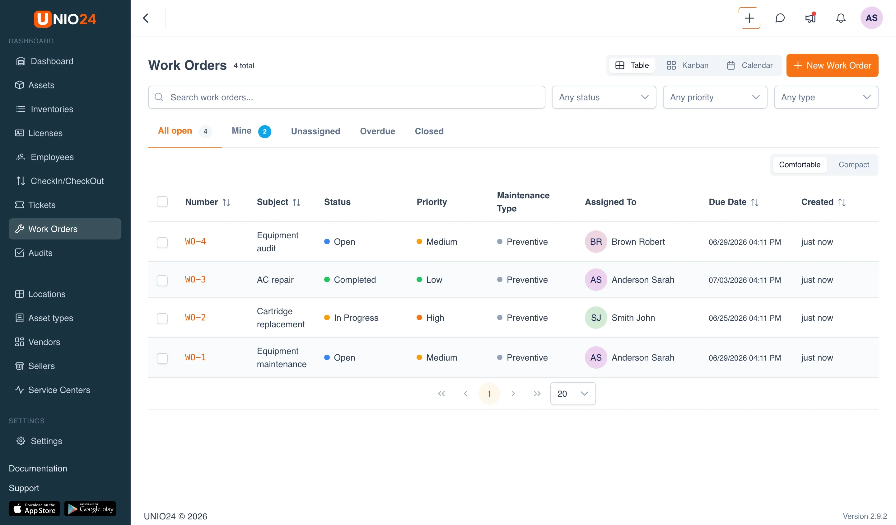 the "Work Orders" section in the "Table" view: the view switcher "Table" / "Kanban" / "Calendar" and the "New Work Order" button in the top-right corner, the filters "Any status" / "Any priority" / "Any type", and a table of work orders with the columns "Number", "Subject", "Status", "Priority", "Maintenance Type", "Assigned To", "Due Date", "Created"